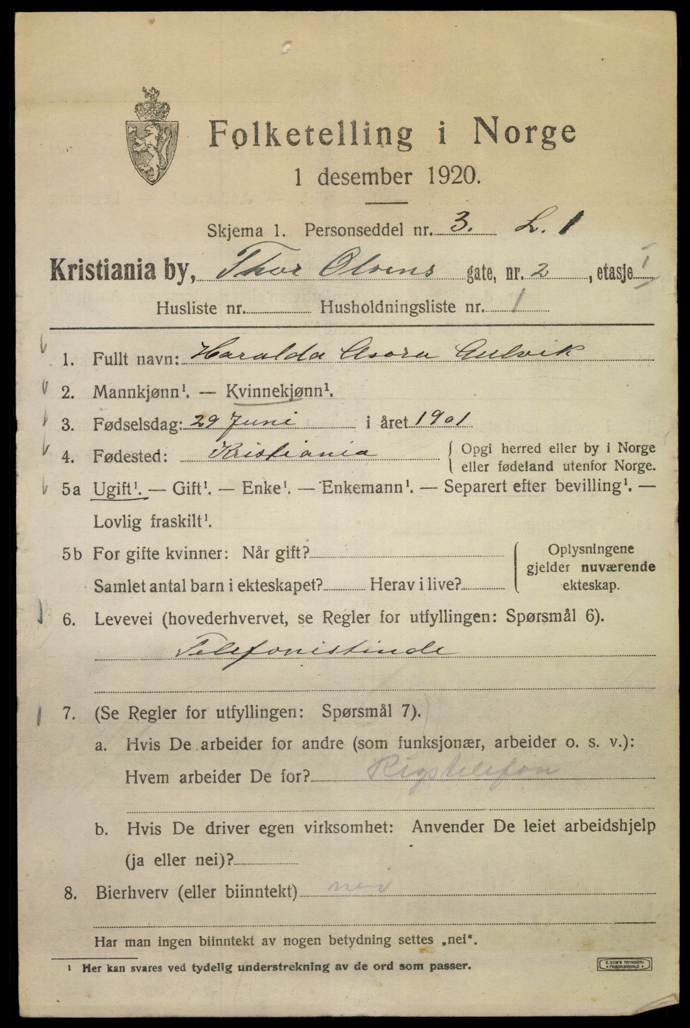 SAO, 1920 census for Kristiania, 1920, p. 573267