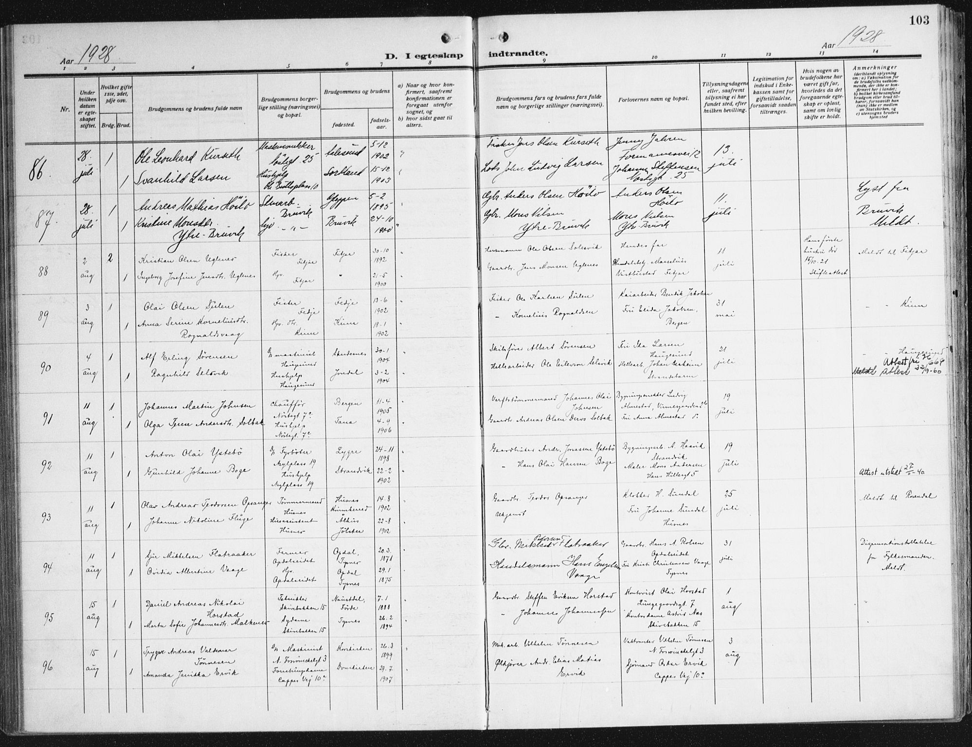 Domkirken sokneprestembete, SAB/A-74801/H/Haa/L0039: Parish register (official) no. D 6, 1921-1937, p. 103