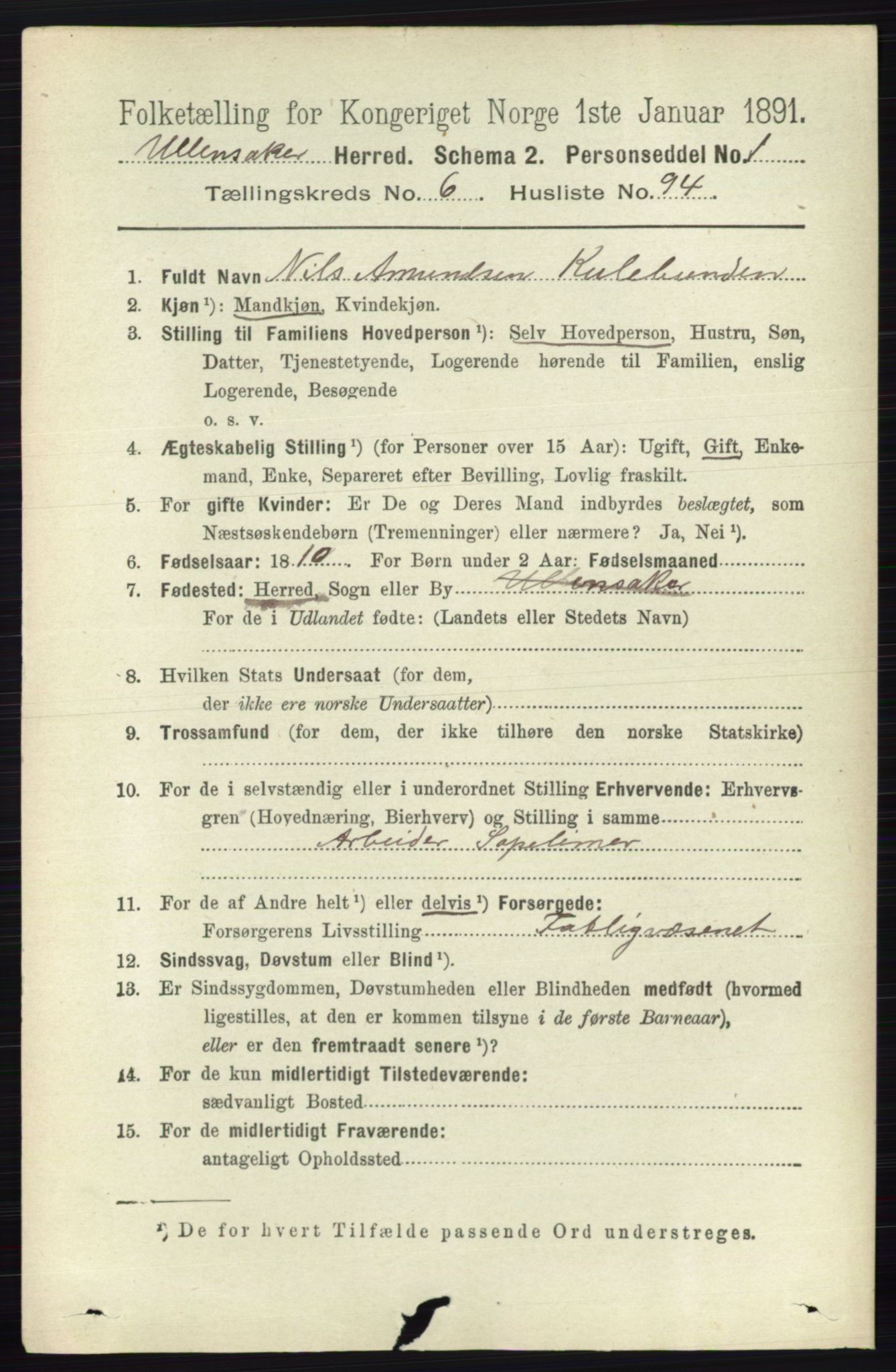 RA, 1891 census for 0235 Ullensaker, 1891, p. 2998