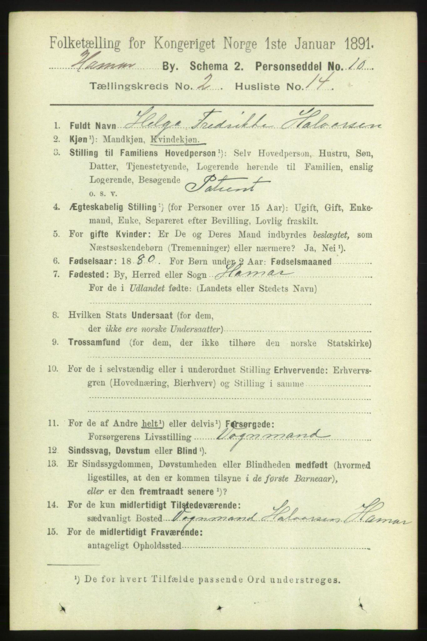 RA, 1891 census for 0401 Hamar, 1891, p. 1186