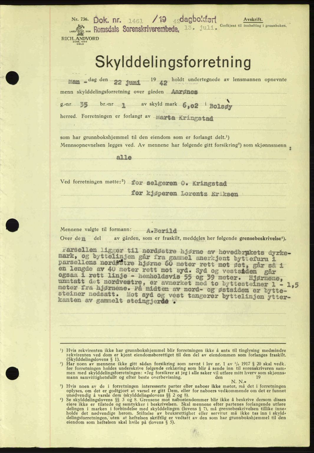 Romsdal sorenskriveri, AV/SAT-A-4149/1/2/2C: Mortgage book no. A12, 1942-1942, Diary no: : 1461/1942