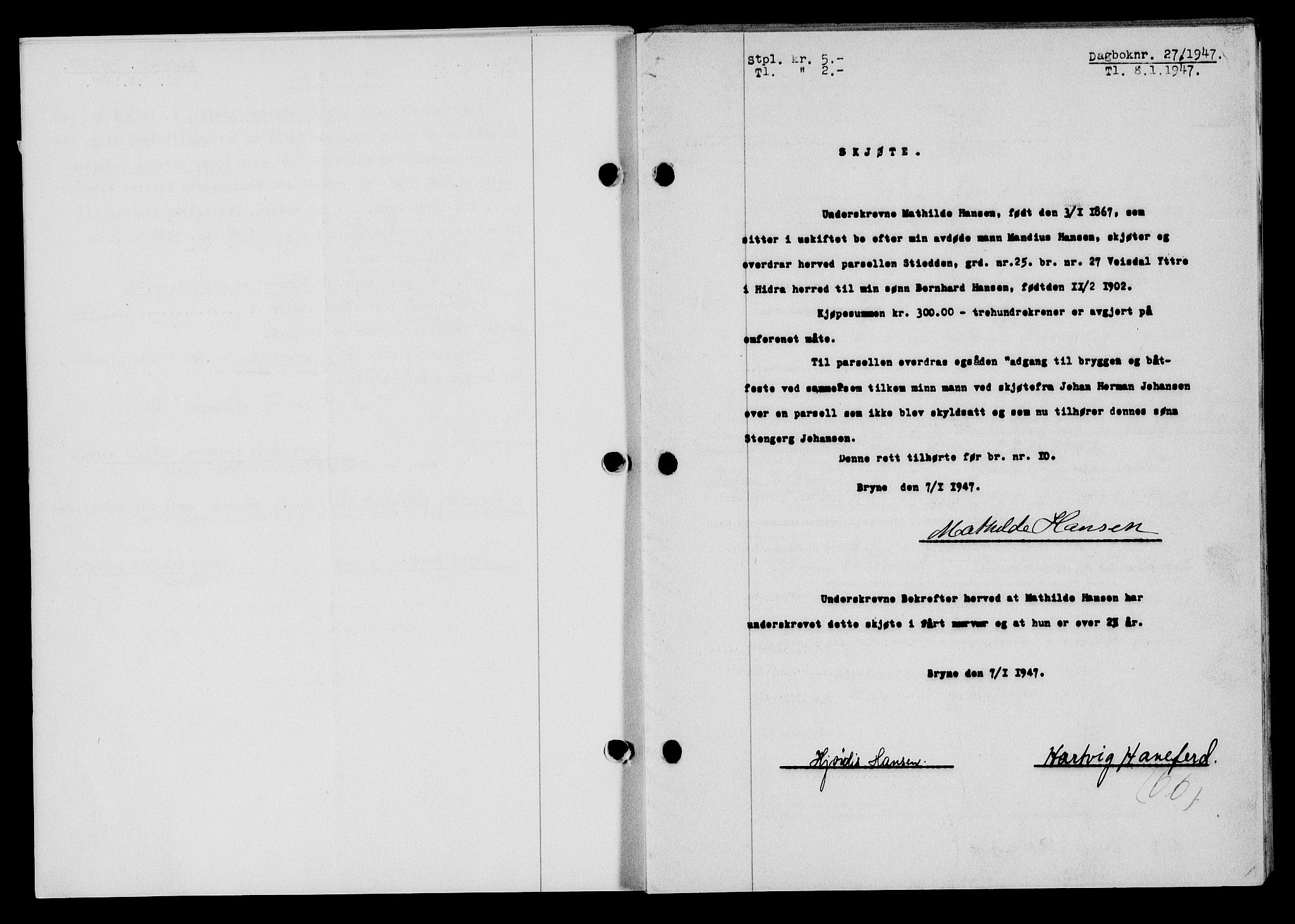 Flekkefjord sorenskriveri, AV/SAK-1221-0001/G/Gb/Gba/L0061: Mortgage book no. A-9, 1946-1947, Diary no: : 27/1947