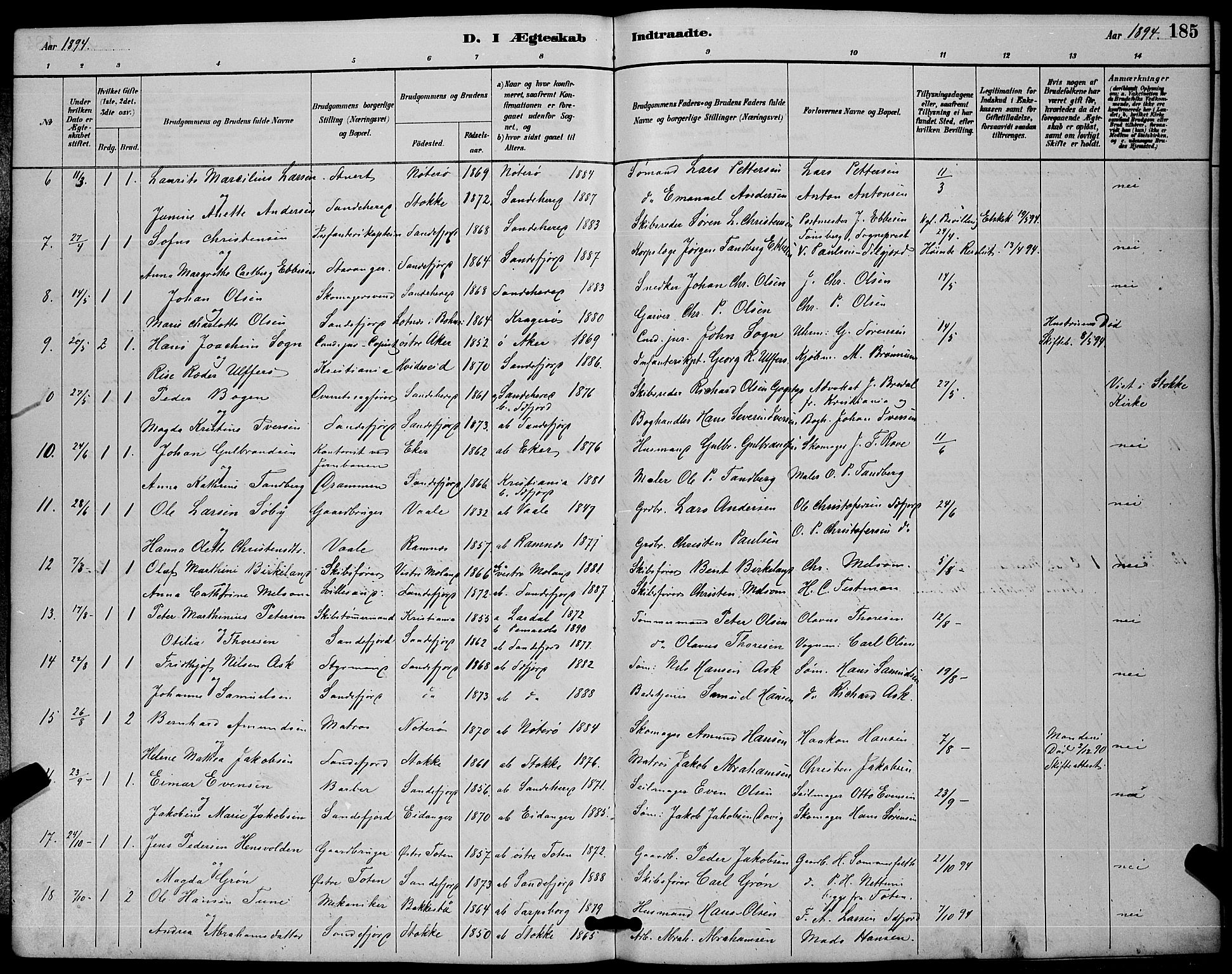 Sandefjord kirkebøker, AV/SAKO-A-315/G/Ga/L0001: Parish register (copy) no. 1, 1885-1903, p. 185