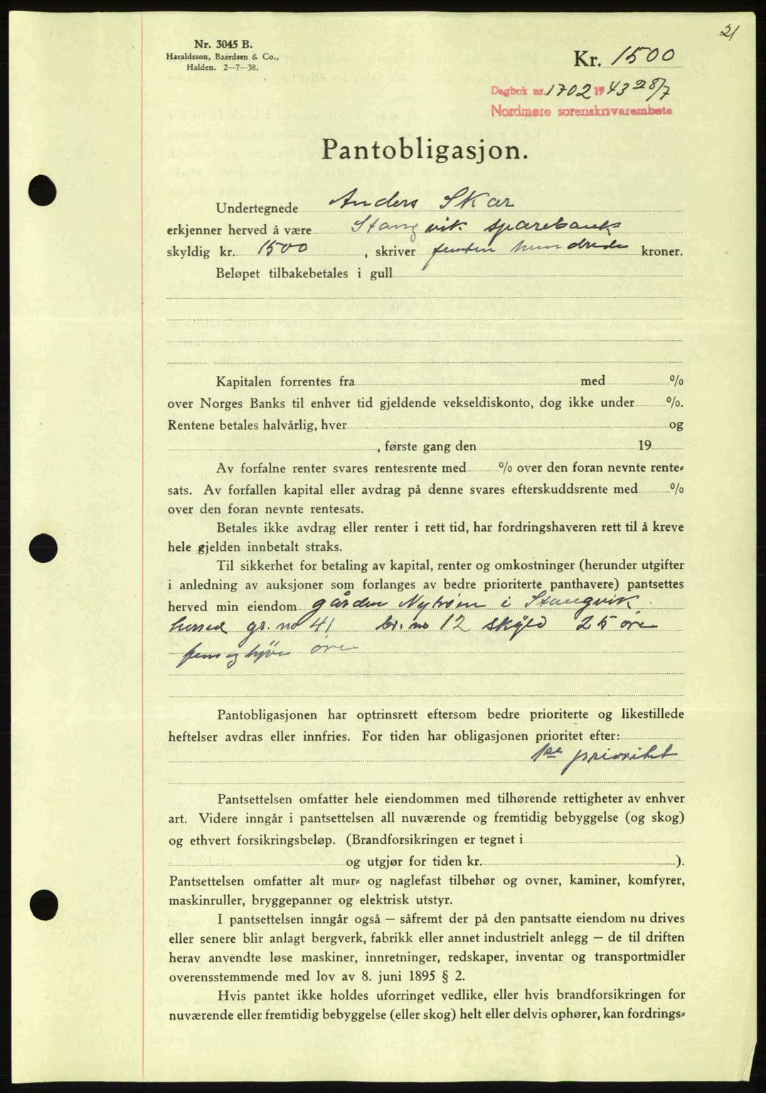 Nordmøre sorenskriveri, AV/SAT-A-4132/1/2/2Ca: Mortgage book no. B91, 1943-1944, Diary no: : 1702/1943