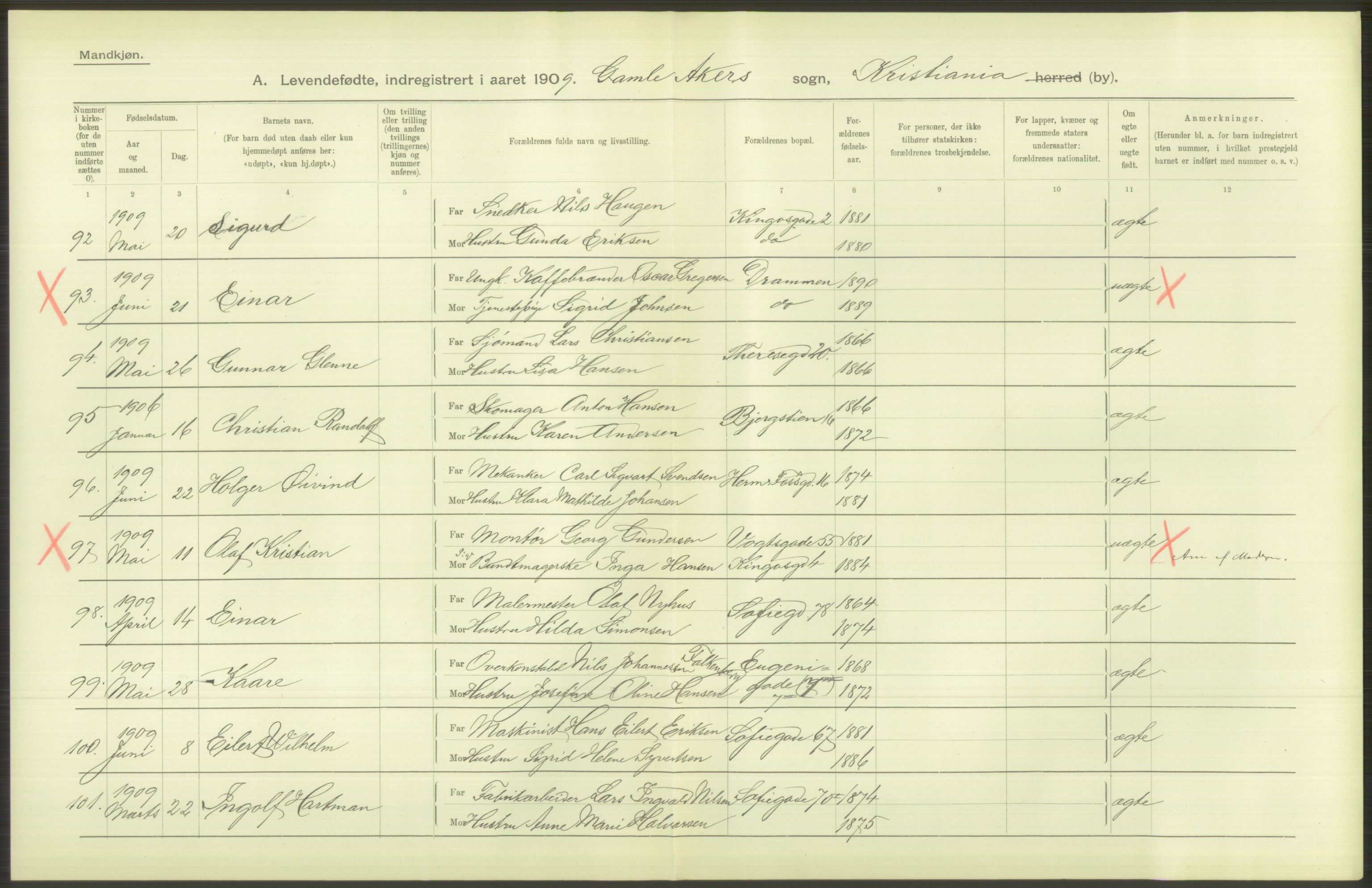 Statistisk sentralbyrå, Sosiodemografiske emner, Befolkning, RA/S-2228/D/Df/Dfa/Dfag/L0007: Kristiania: Levendefødte menn og kvinner., 1909, p. 374