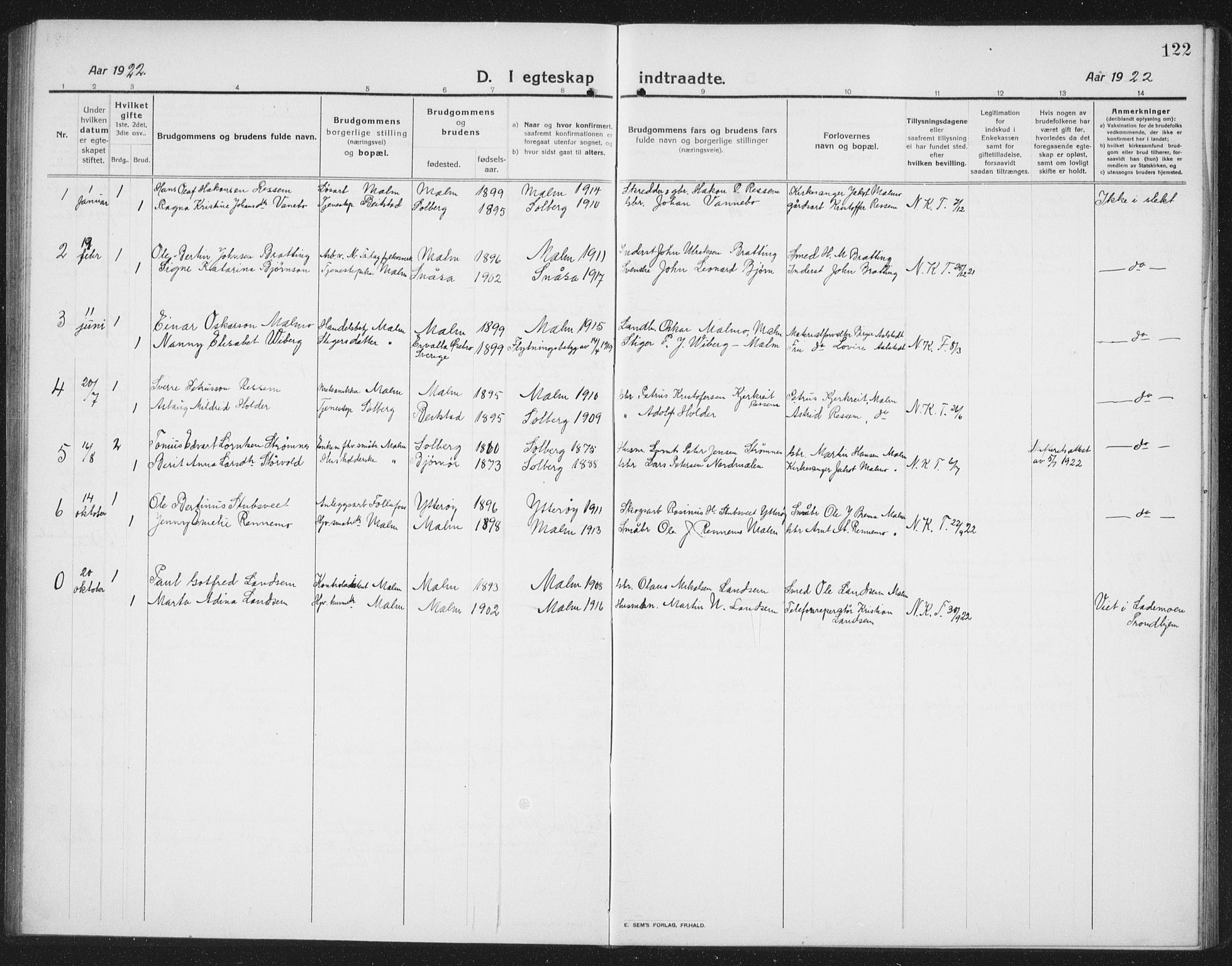Ministerialprotokoller, klokkerbøker og fødselsregistre - Nord-Trøndelag, SAT/A-1458/745/L0434: Parish register (copy) no. 745C03, 1914-1937, p. 122