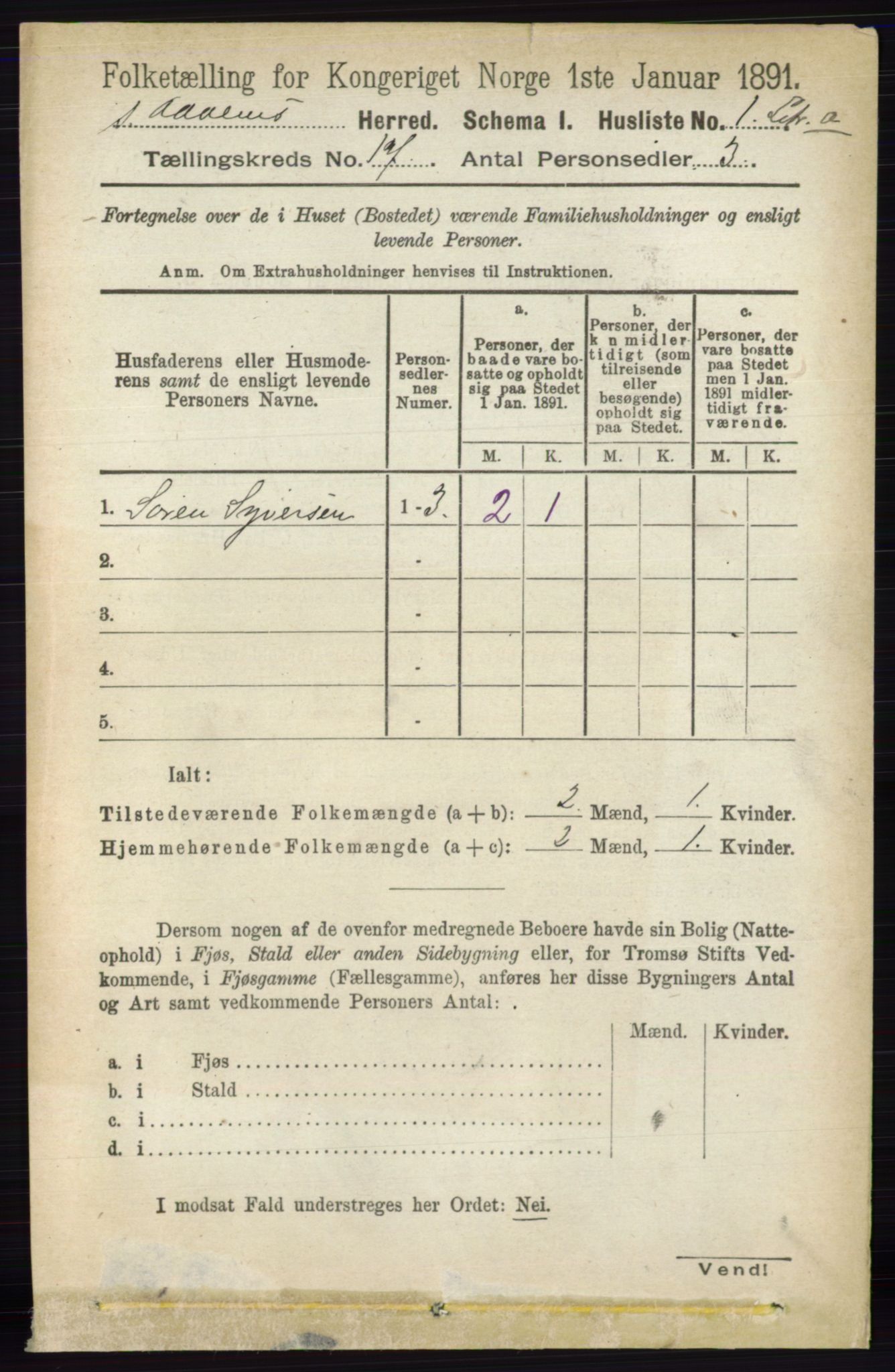 RA, 1891 census for 0419 Sør-Odal, 1891, p. 7780