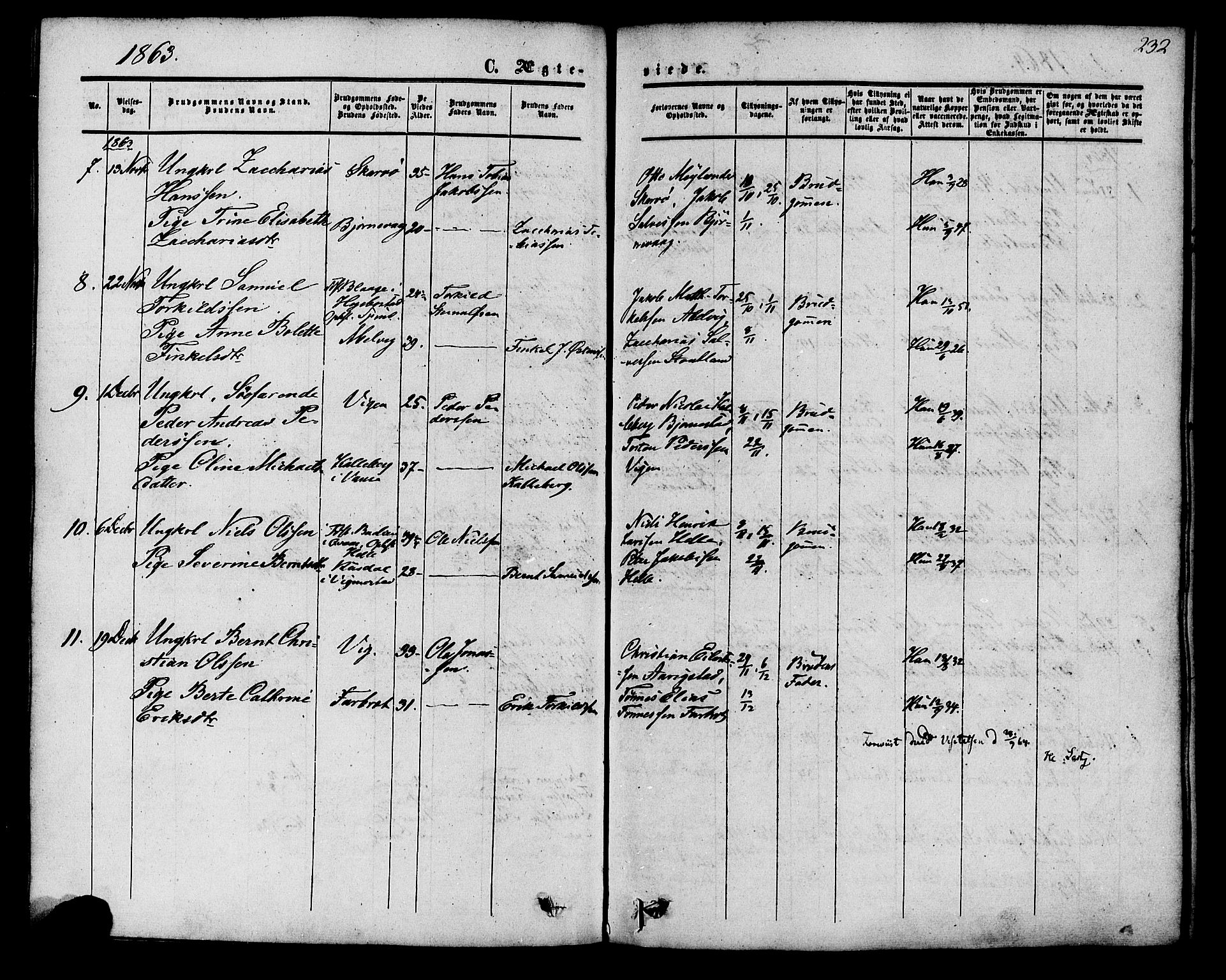 Herad sokneprestkontor, AV/SAK-1111-0018/F/Fa/Fab/L0004: Parish register (official) no. A 4, 1853-1885, p. 232