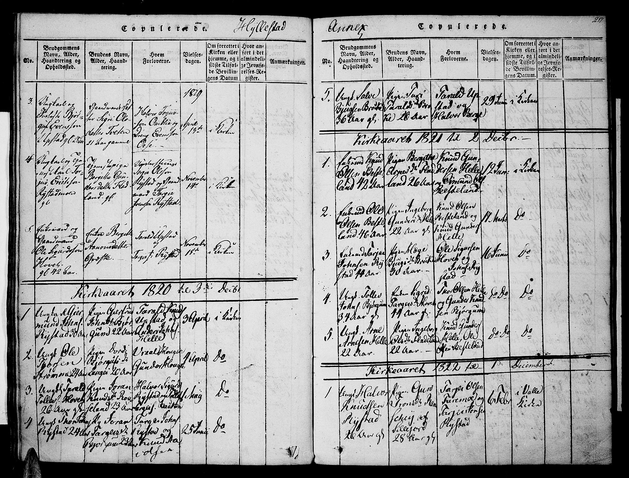 Valle sokneprestkontor, AV/SAK-1111-0044/F/Fa/Fac/L0005: Parish register (official) no. A 5 /2, 1817-1831, p. 217