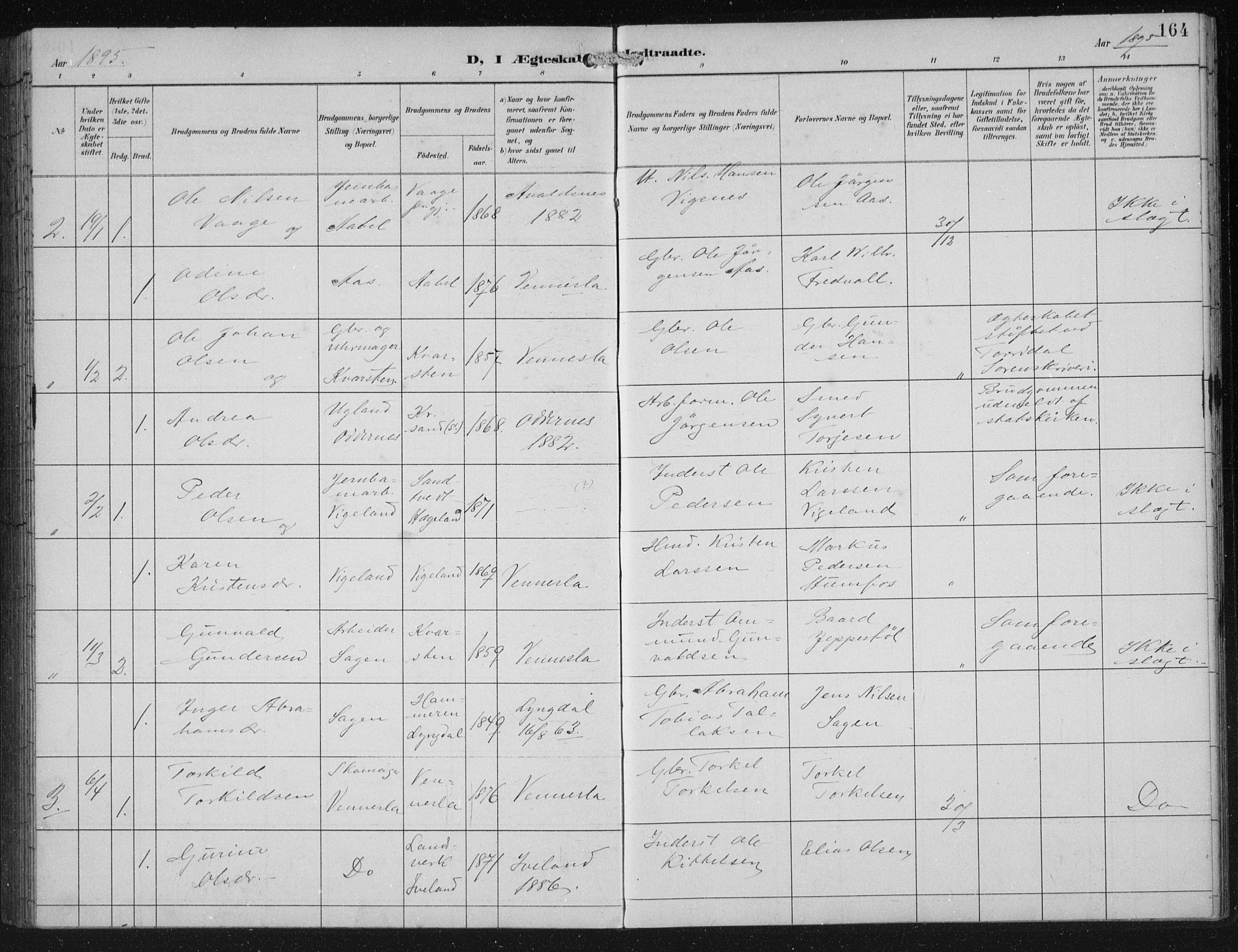 Vennesla sokneprestkontor, AV/SAK-1111-0045/Fb/Fbb/L0004: Parish register (copy) no. B 4, 1893-1902, p. 164