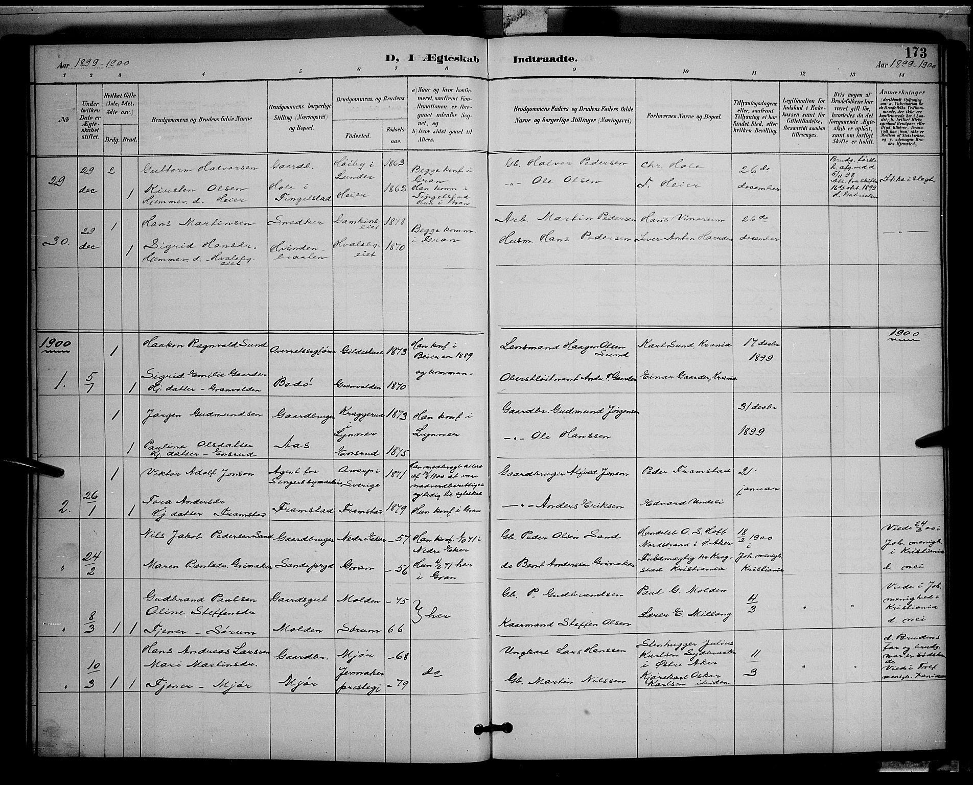 Gran prestekontor, SAH/PREST-112/H/Ha/Hab/L0005: Parish register (copy) no. 5, 1892-1900, p. 173