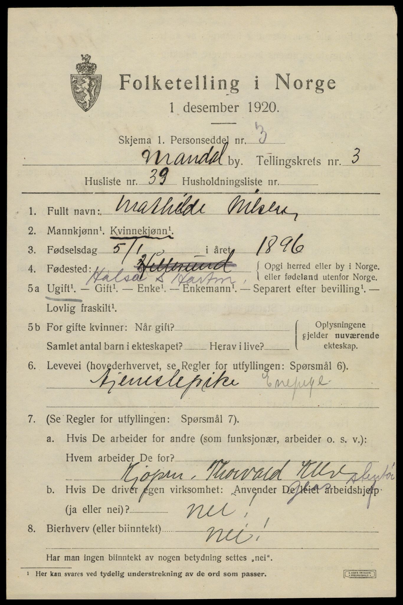 SAK, 1920 census for Mandal, 1920, p. 5851