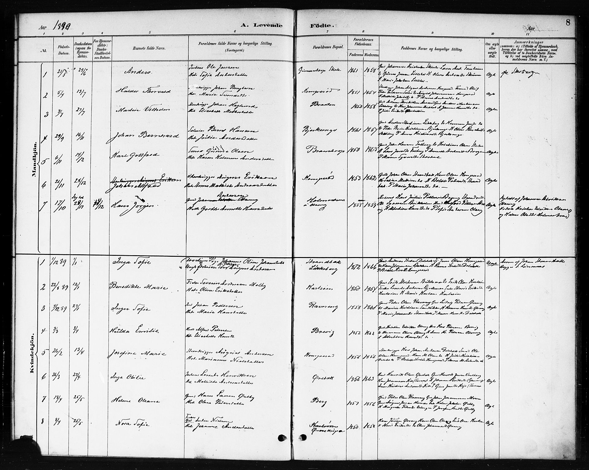 Skjeberg prestekontor Kirkebøker, AV/SAO-A-10923/F/Fb/L0001: Parish register (official) no. II 1, 1886-1894, p. 8