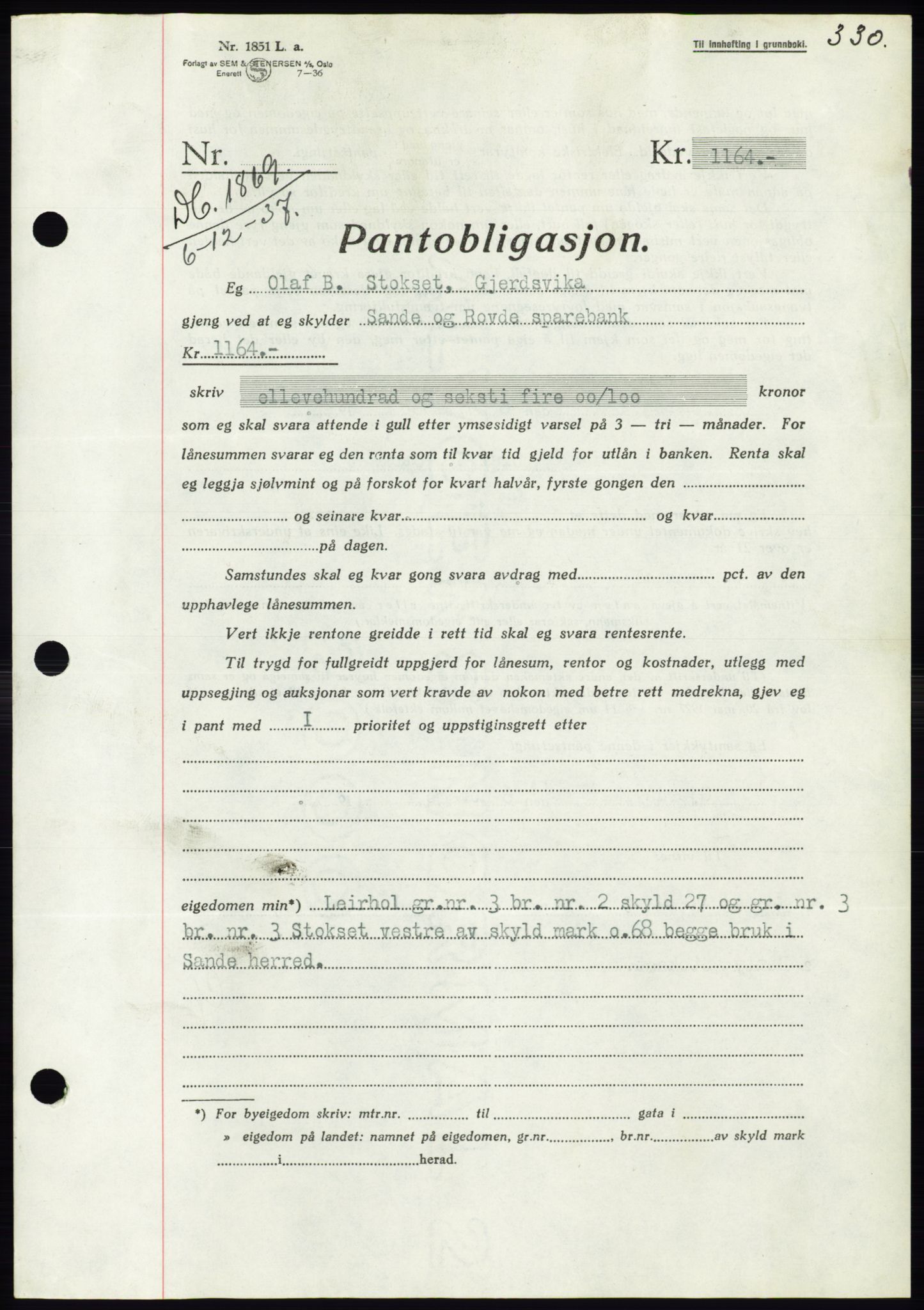 Søre Sunnmøre sorenskriveri, AV/SAT-A-4122/1/2/2C/L0064: Mortgage book no. 58, 1937-1938, Diary no: : 1869/1937