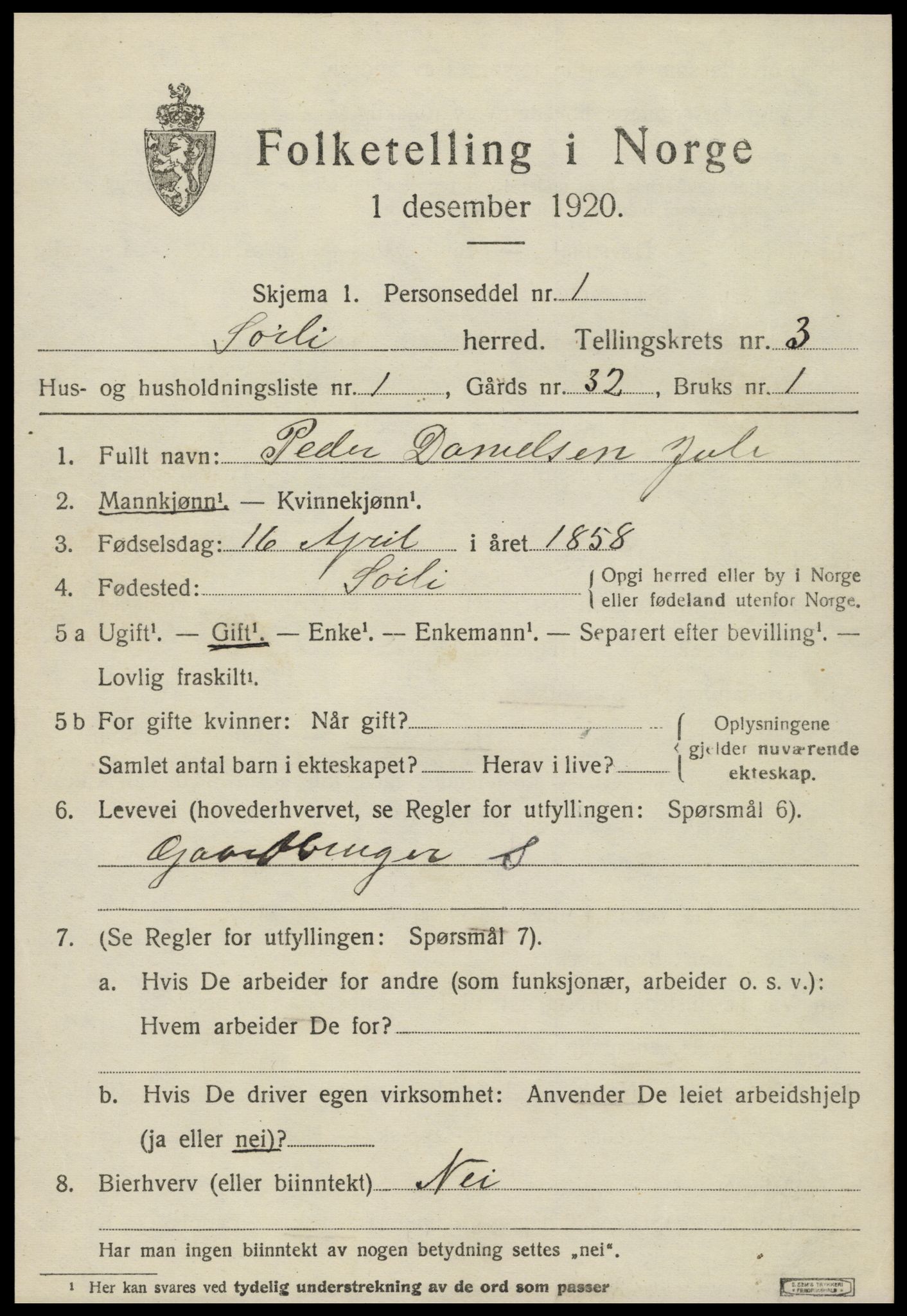 SAT, 1920 census for Sørli, 1920, p. 1063