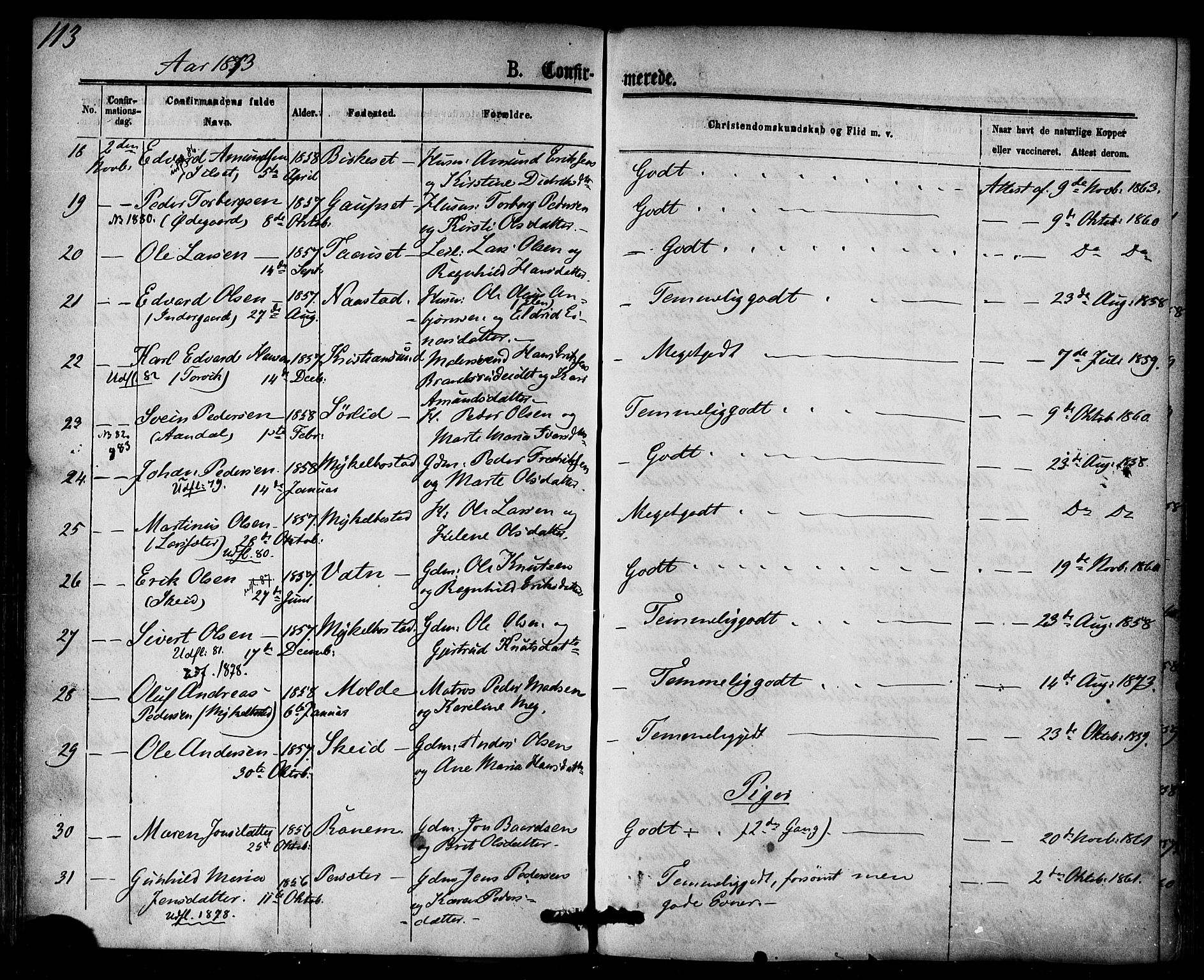 Ministerialprotokoller, klokkerbøker og fødselsregistre - Møre og Romsdal, AV/SAT-A-1454/584/L0966: Parish register (official) no. 584A06, 1869-1878, p. 113