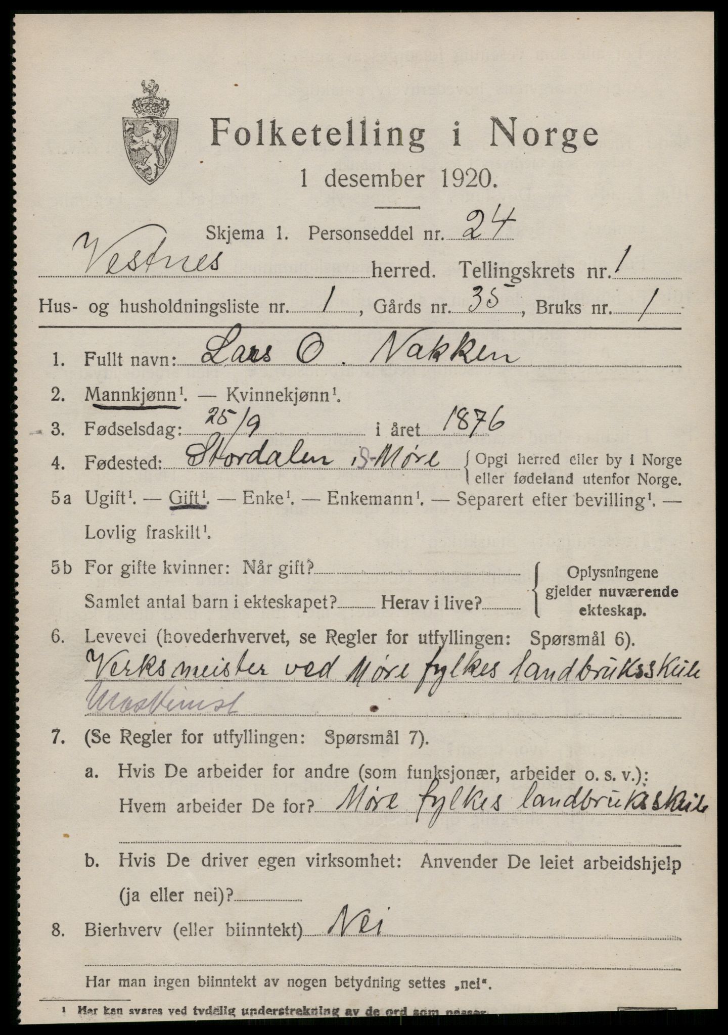SAT, 1920 census for Vestnes, 1920, p. 1181
