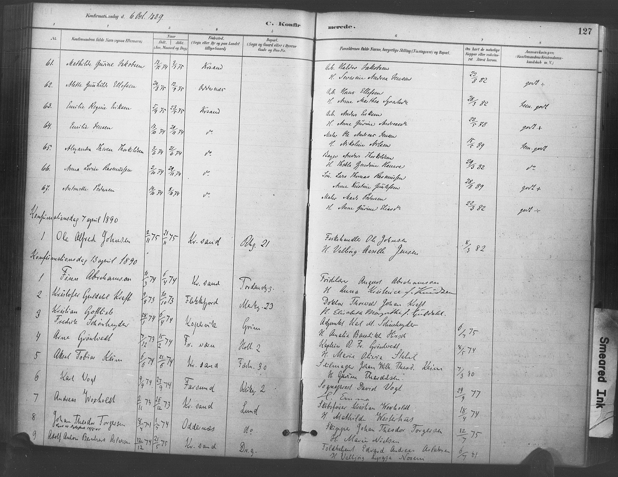 Kristiansand domprosti, AV/SAK-1112-0006/F/Fa/L0018: Parish register (official) no. A 17, 1880-1892, p. 127