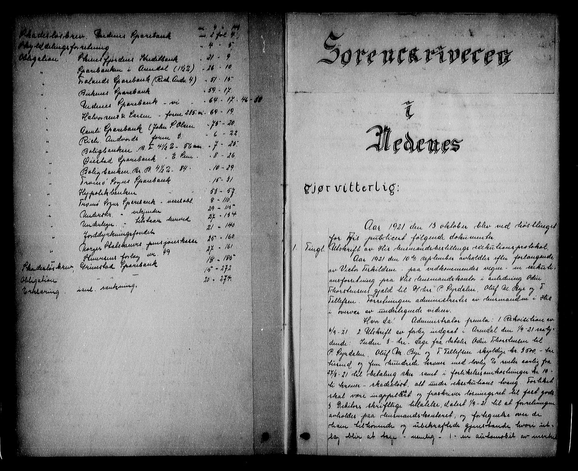 Nedenes sorenskriveri, SAK/1221-0006/G/Gb/Gba/L0029: Mortgage book no. 25, 1921-1924, p. 1