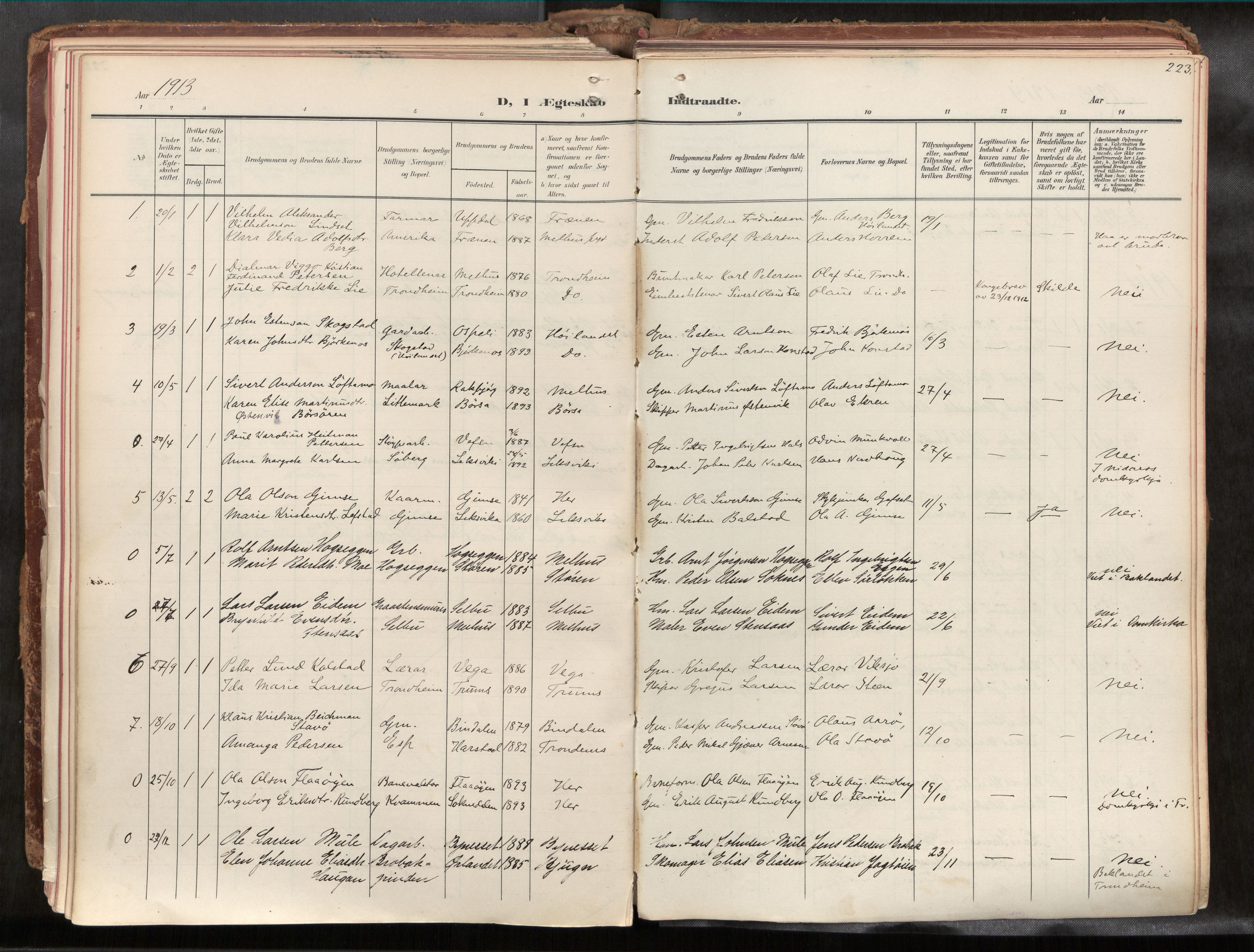 Ministerialprotokoller, klokkerbøker og fødselsregistre - Sør-Trøndelag, SAT/A-1456/691/L1085b: Parish register (official) no. 691A18, 1908-1930, p. 223