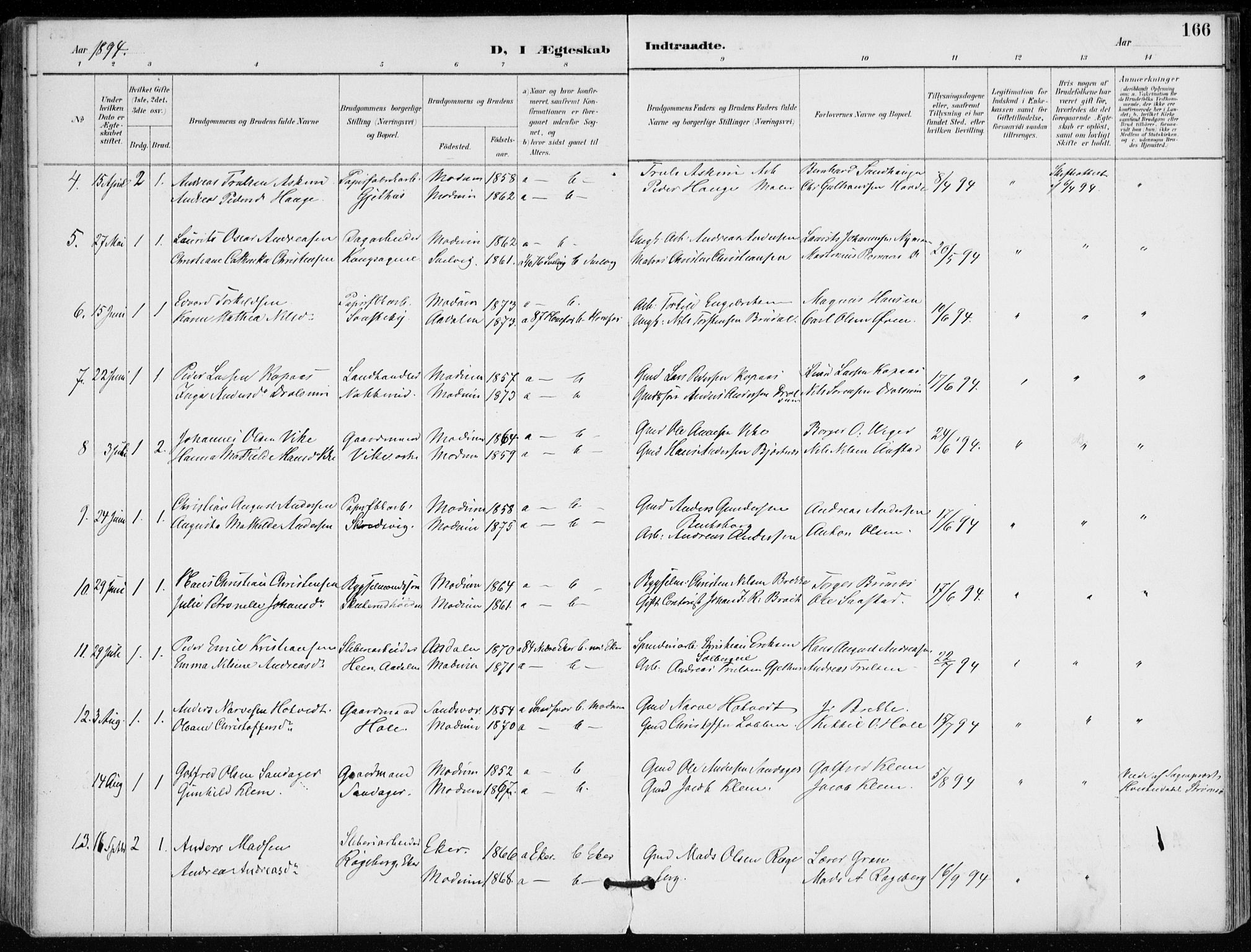 Modum kirkebøker, SAKO/A-234/F/Fa/L0012: Parish register (official) no. 12, 1890-1898, p. 166