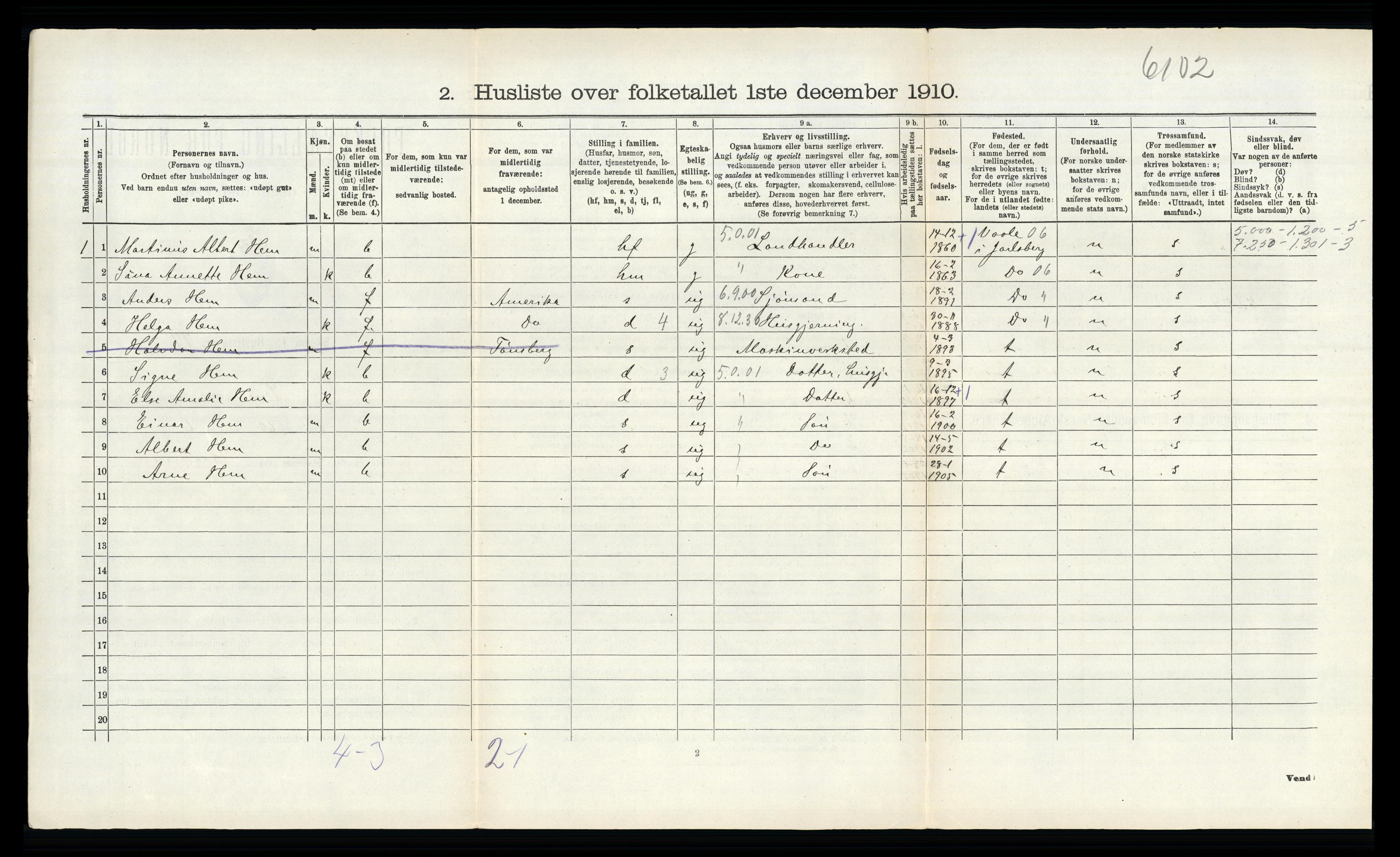 RA, 1910 census for Sem, 1910, p. 215