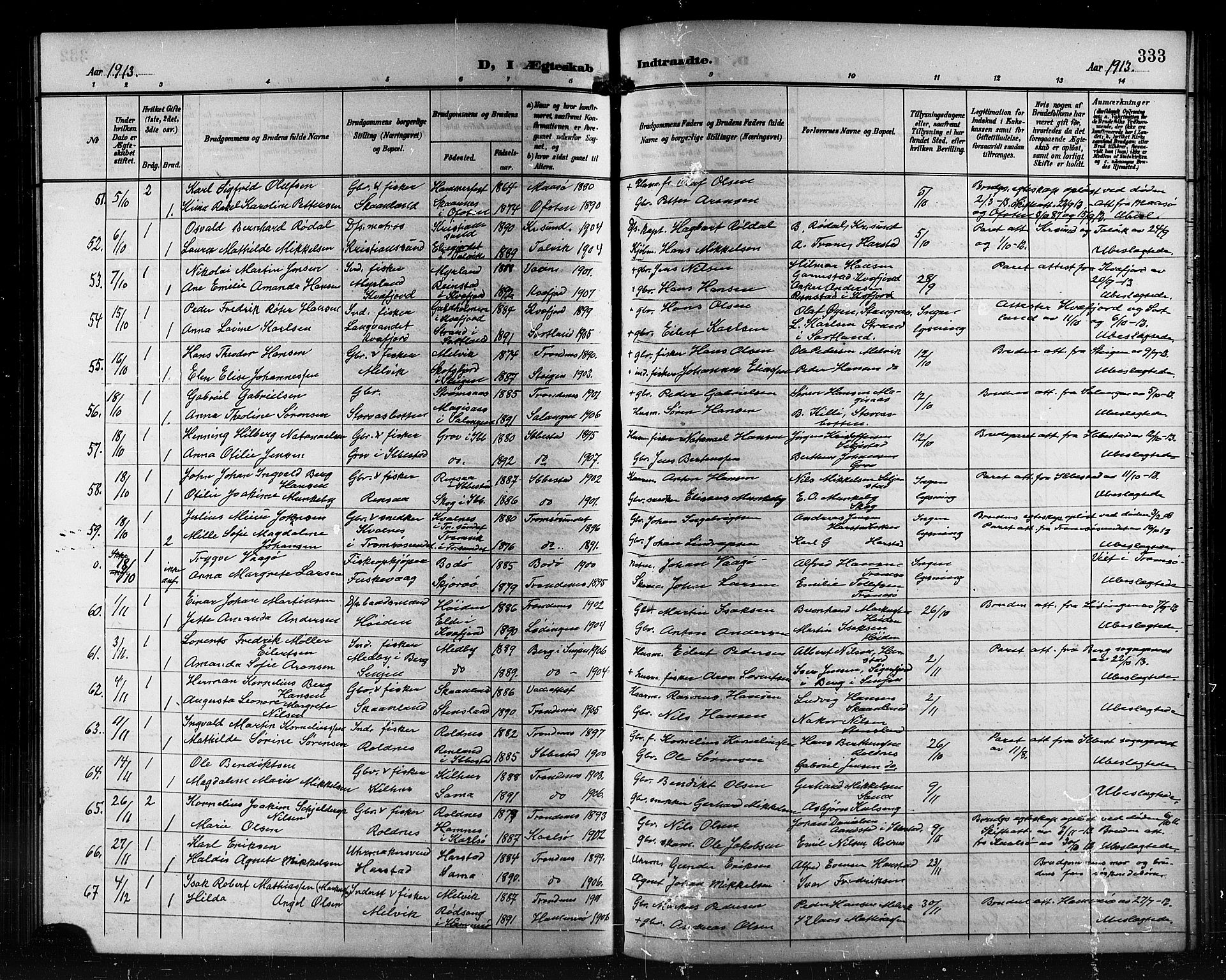 Trondenes sokneprestkontor, AV/SATØ-S-1319/H/Hb/L0012klokker: Parish register (copy) no. 12, 1907-1916, p. 333