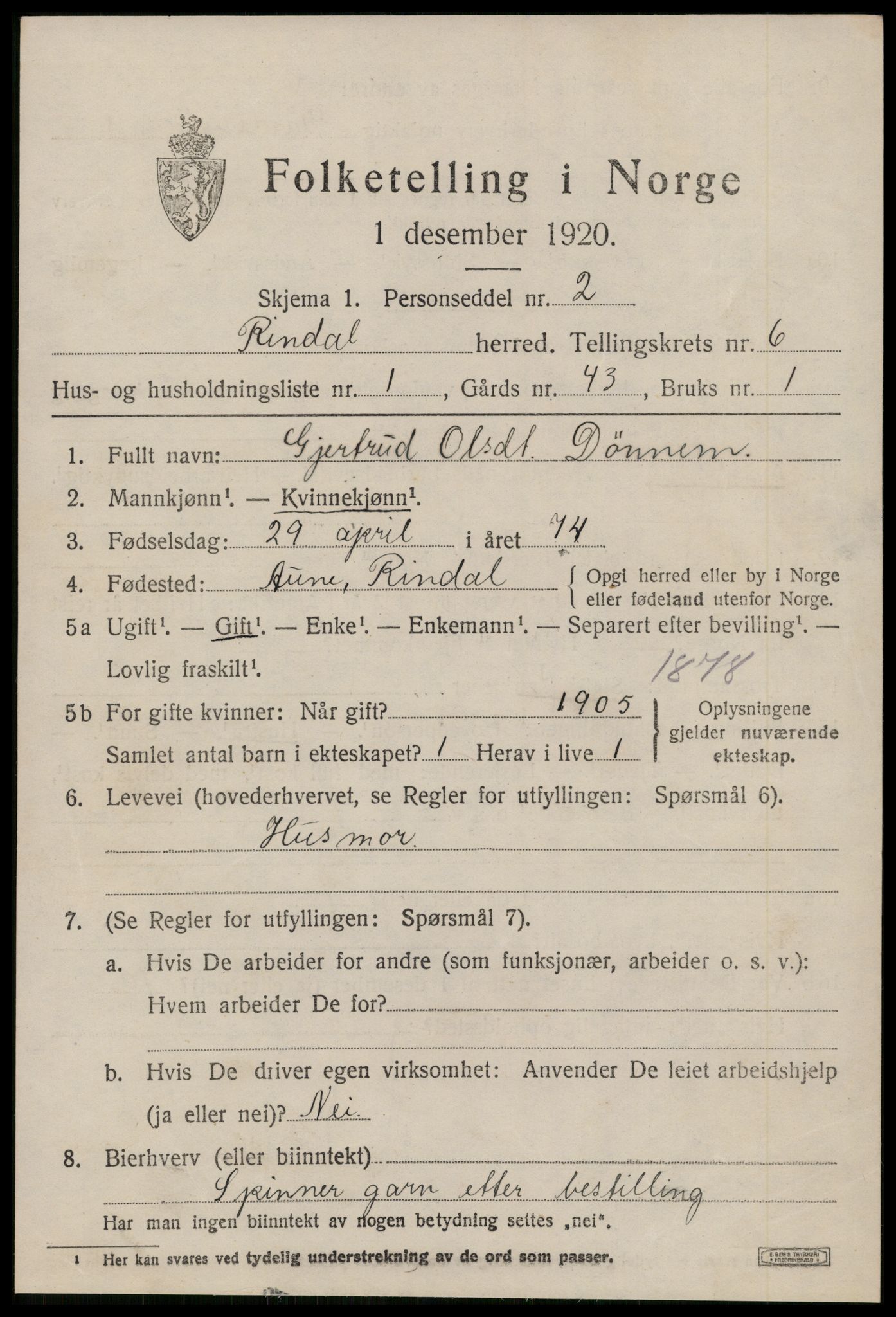 SAT, 1920 census for Rindal, 1920, p. 3280