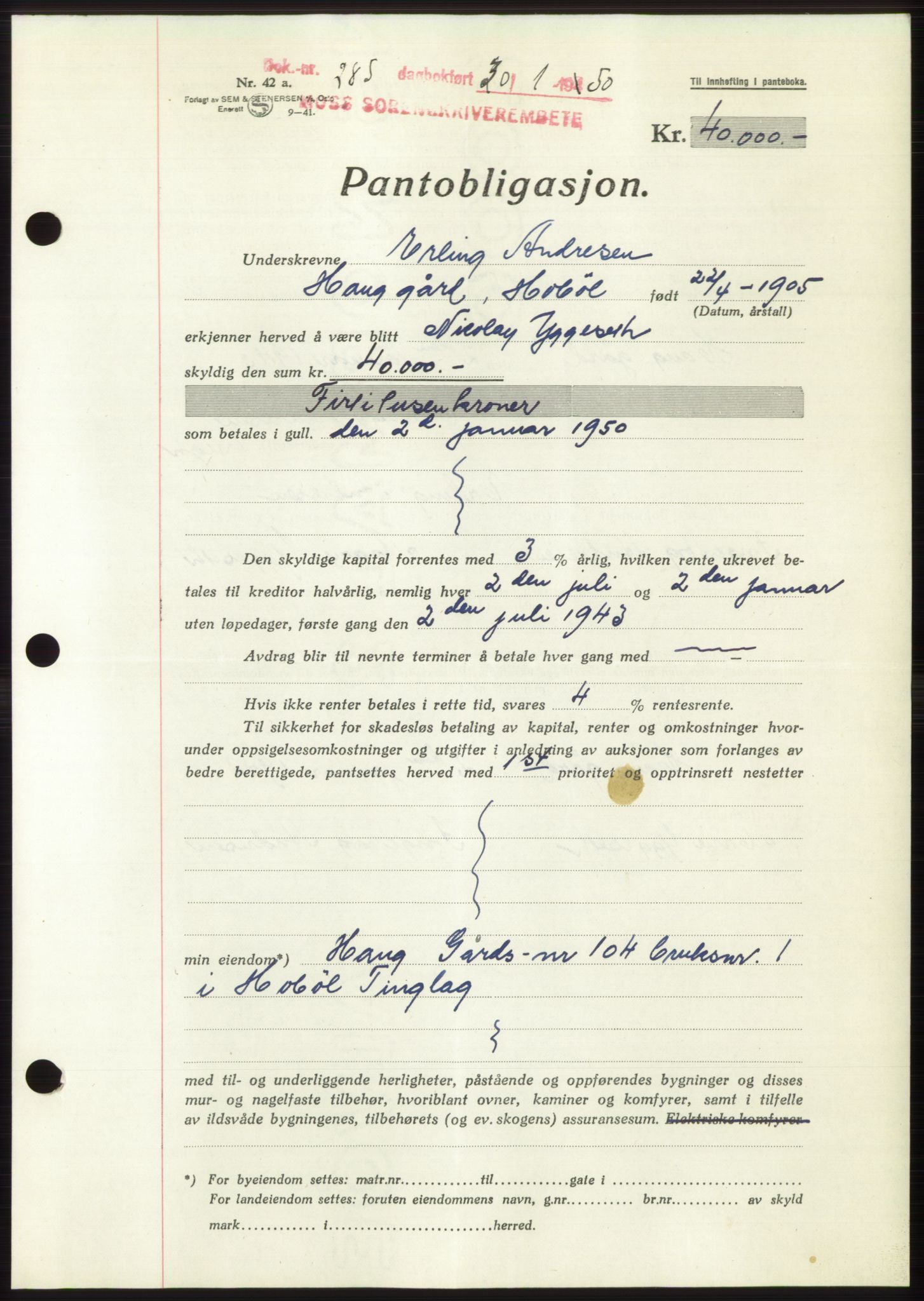 Moss sorenskriveri, SAO/A-10168: Mortgage book no. B23, 1949-1950, Diary no: : 285/1950