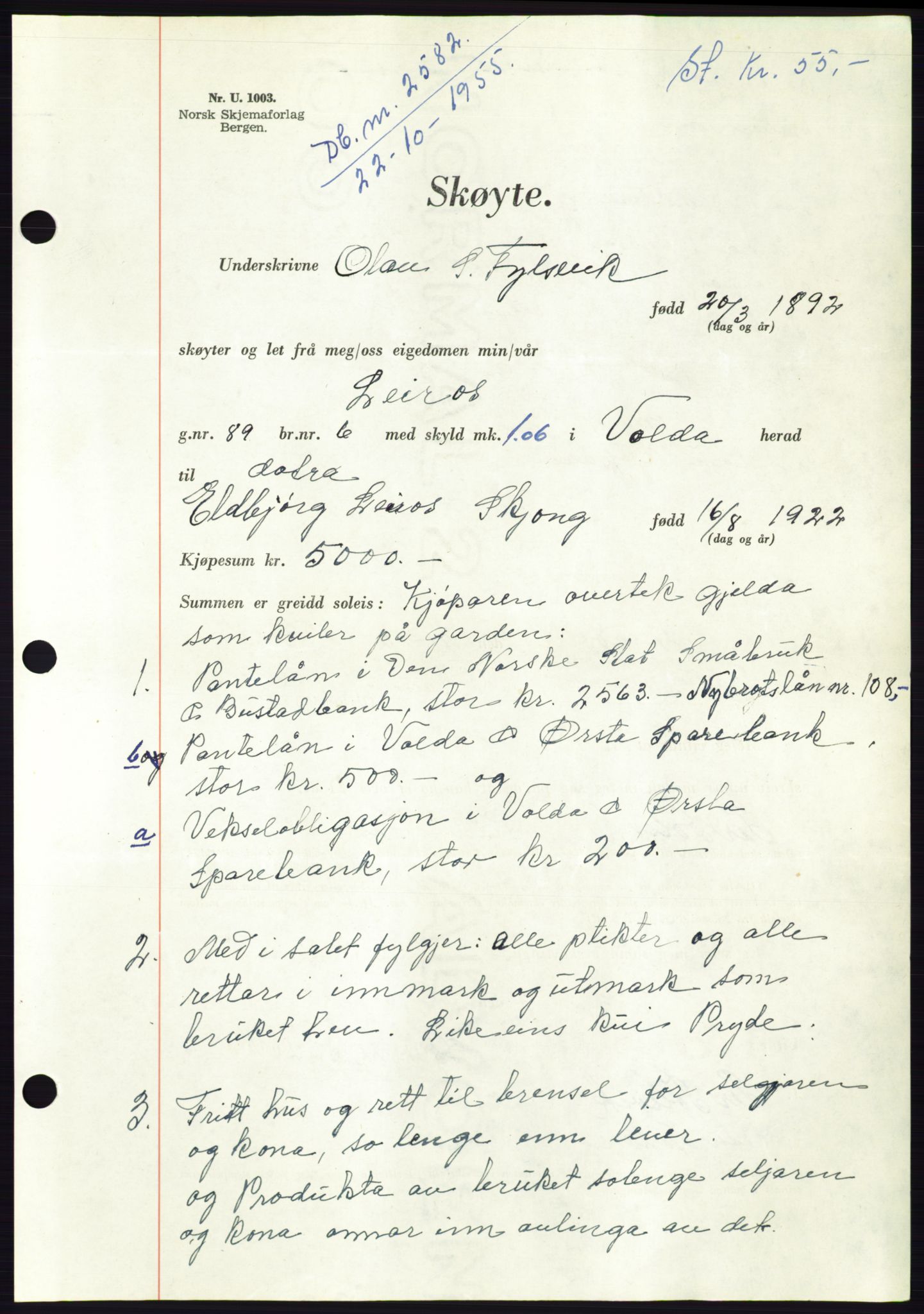 Søre Sunnmøre sorenskriveri, AV/SAT-A-4122/1/2/2C/L0102: Mortgage book no. 28A, 1955-1956, Diary no: : 2582/1955
