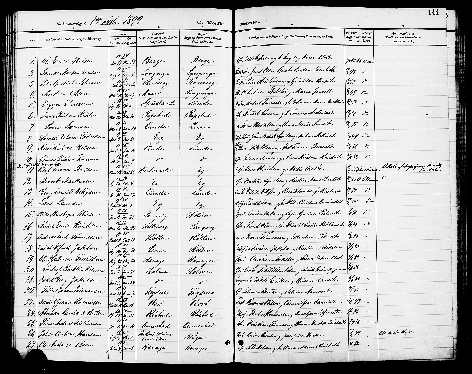 Søgne sokneprestkontor, SAK/1111-0037/F/Fb/Fbb/L0006: Parish register (copy) no. B 6, 1892-1911, p. 144