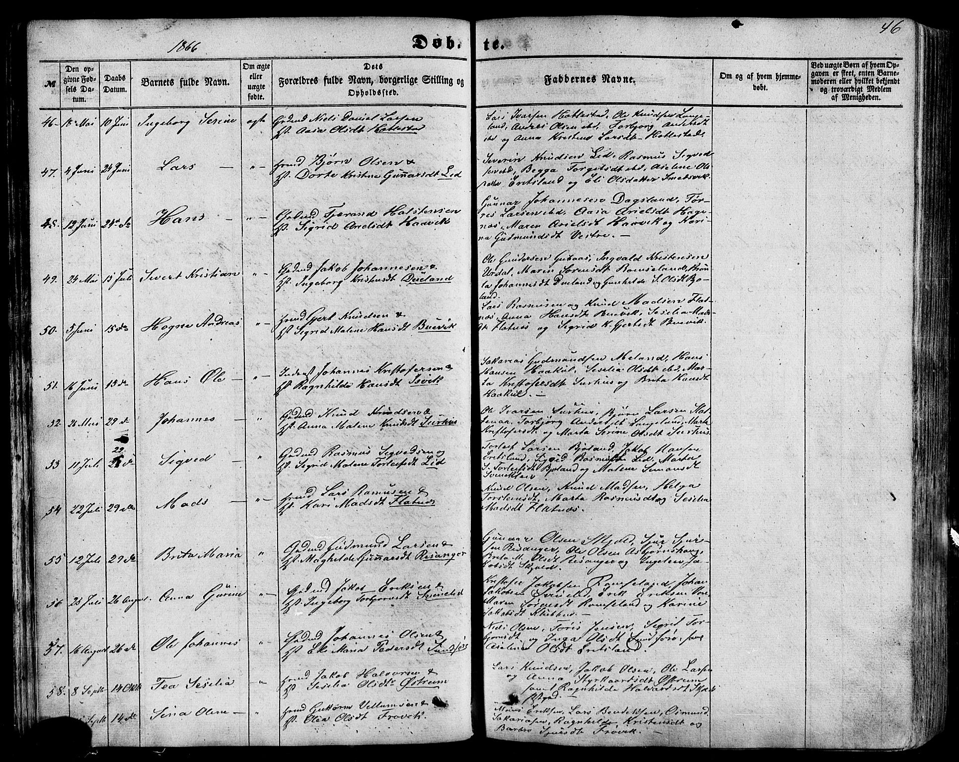 Skjold sokneprestkontor, AV/SAST-A-101847/H/Ha/Haa/L0008: Parish register (official) no. A 8, 1856-1882, p. 46