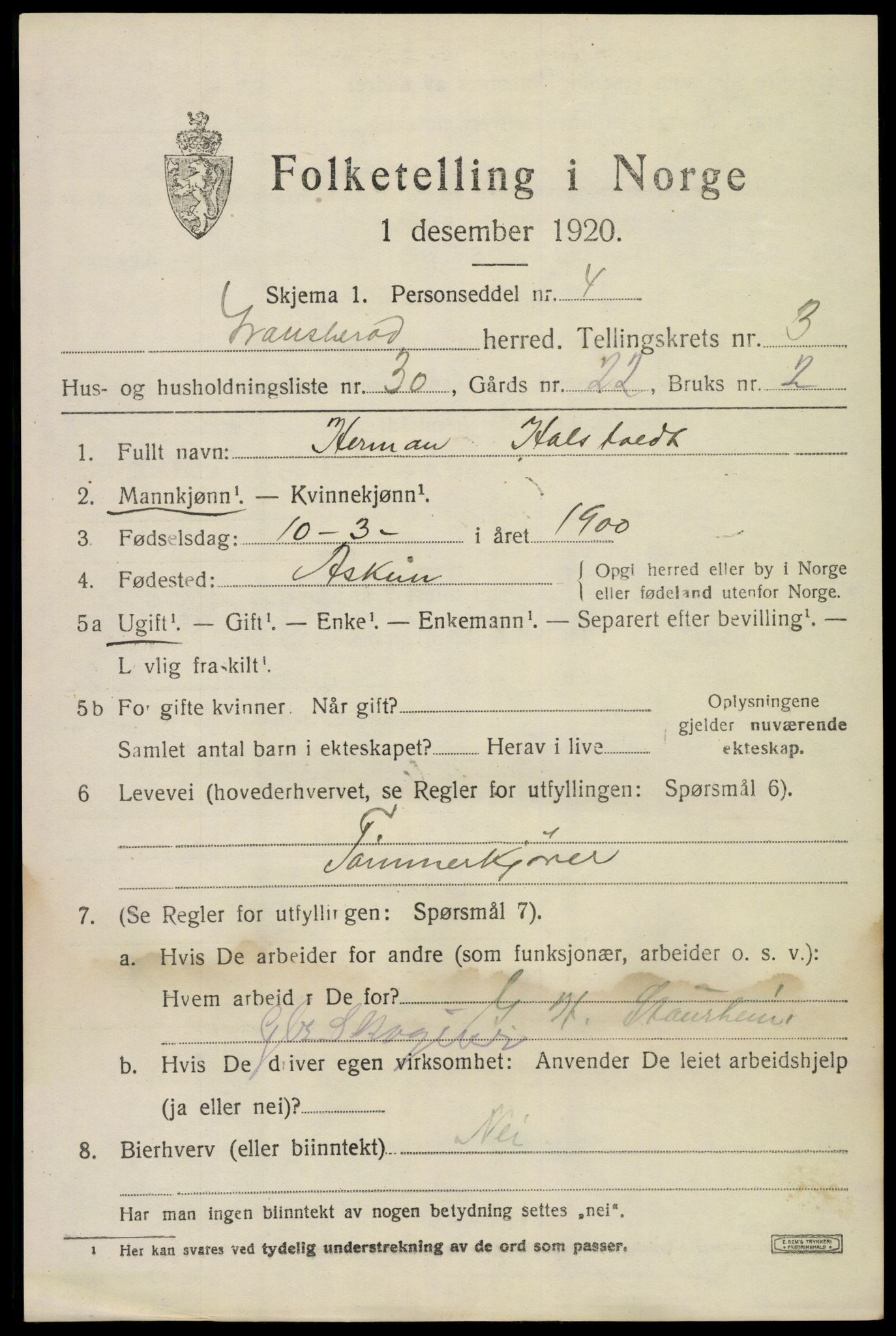 SAKO, 1920 census for Gransherad, 1920, p. 1762