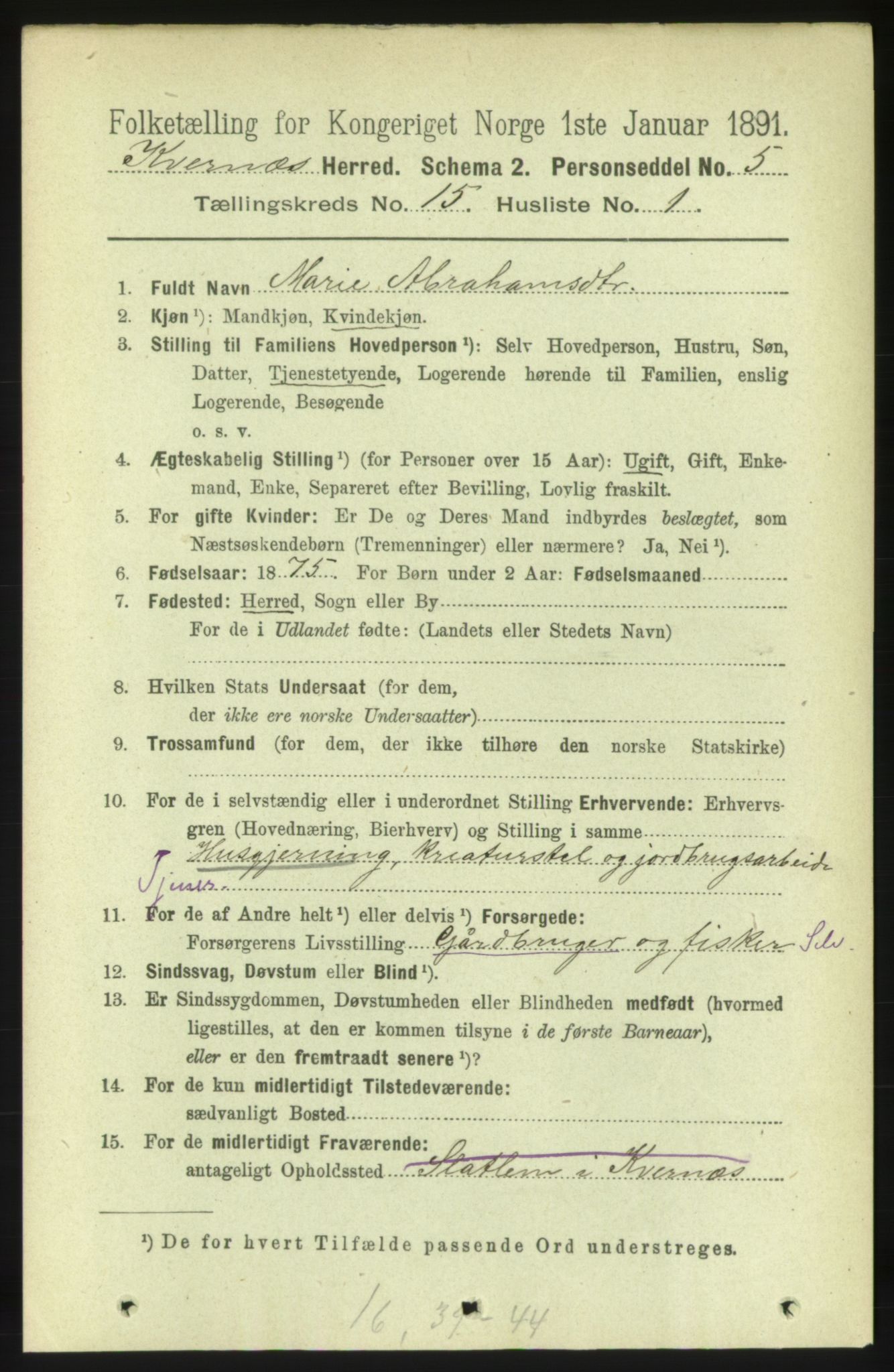 RA, 1891 census for 1553 Kvernes, 1891, p. 5955