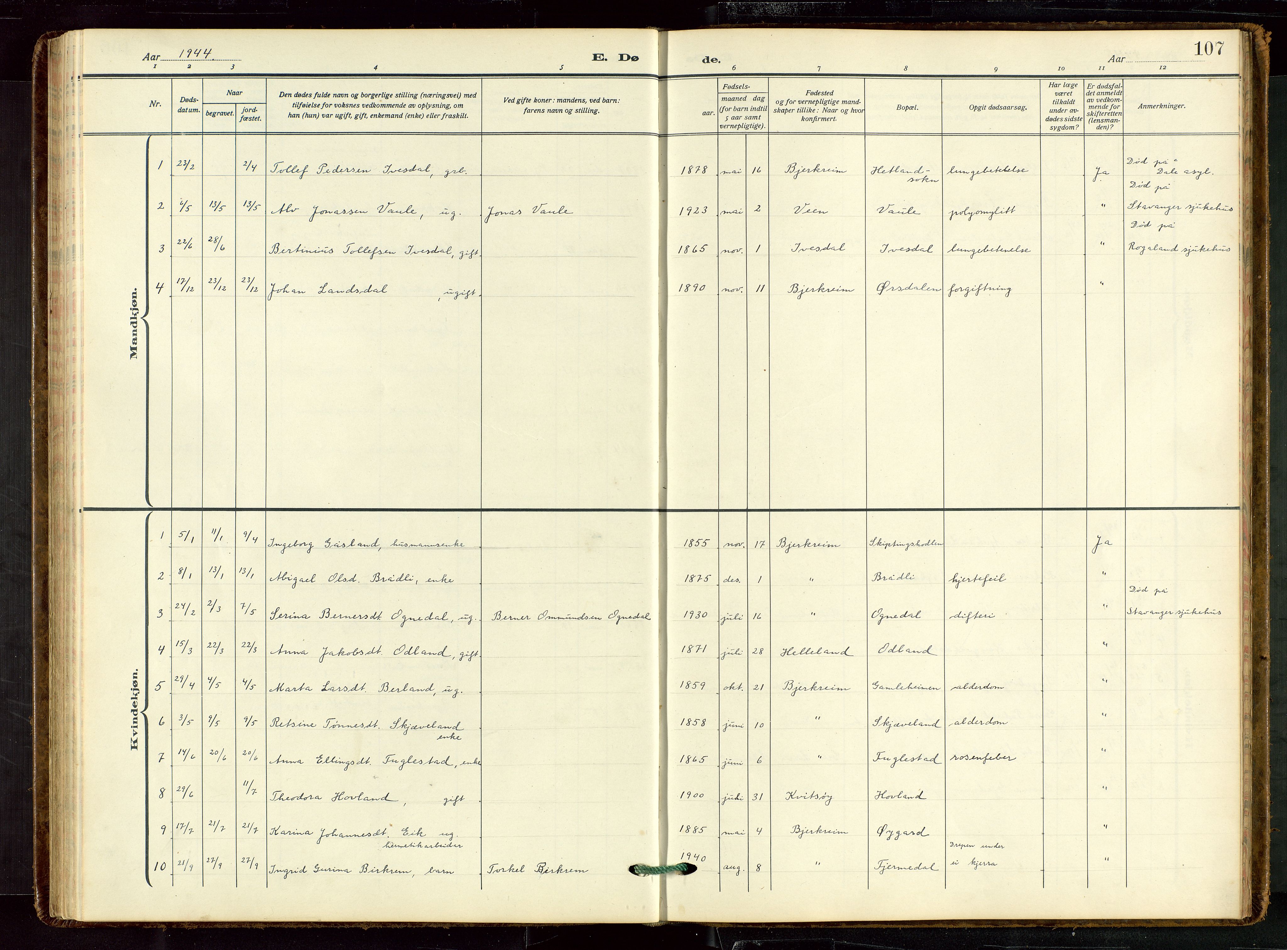 Helleland sokneprestkontor, AV/SAST-A-101810: Parish register (copy) no. B 7, 1923-1945, p. 107