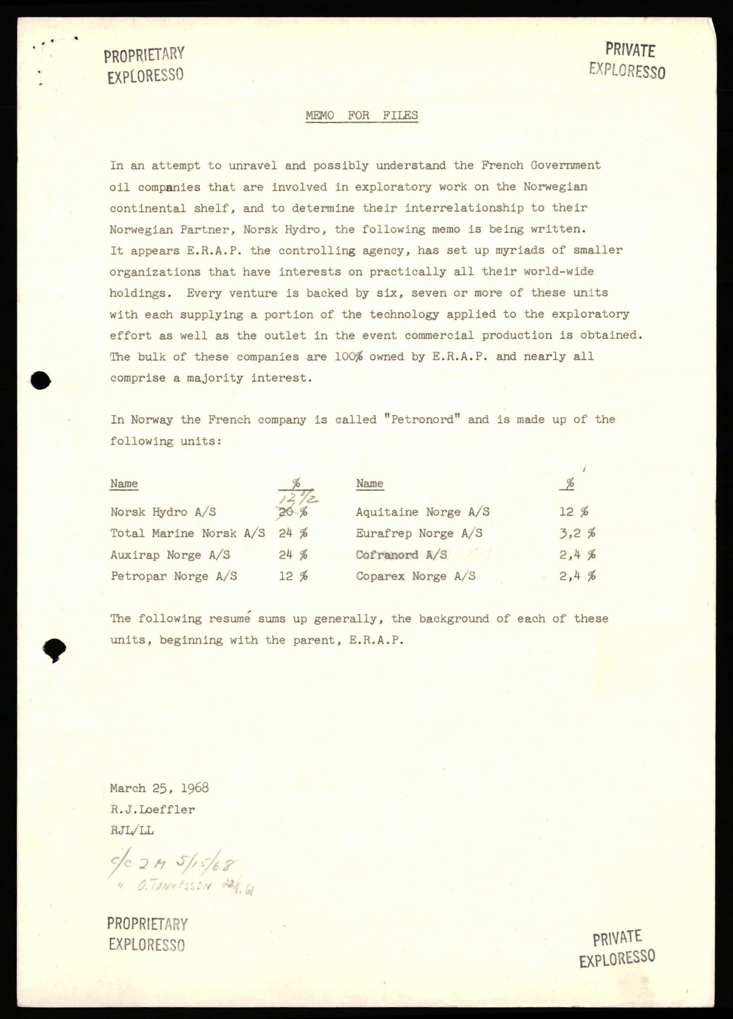 Pa 1512 - Esso Exploration and Production Norway Inc., SAST/A-101917/E/Ea/L0517: Early license correspondence, 1968-1974, p. 1