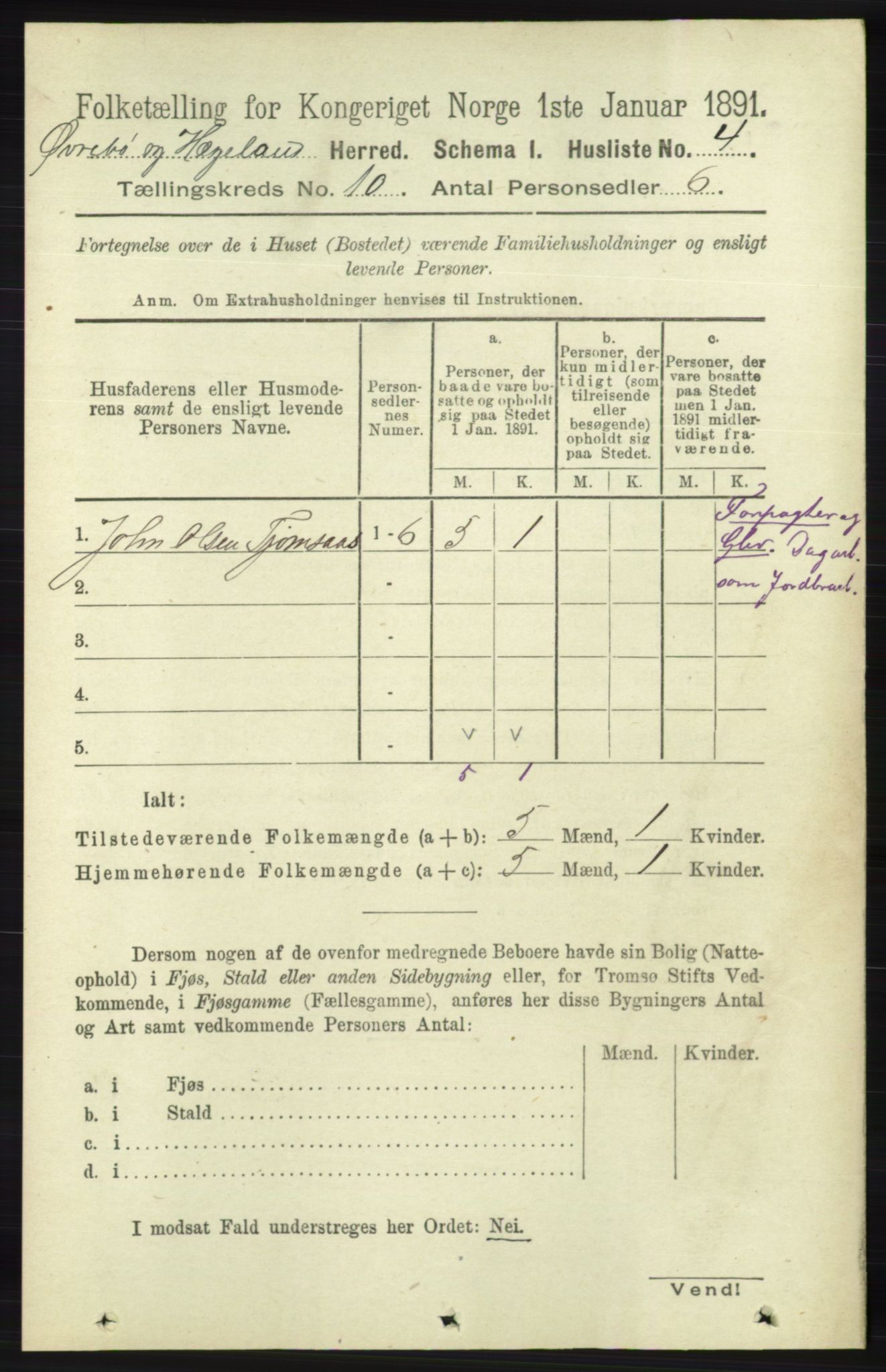 RA, 1891 census for 1016 Øvrebø og Hægeland, 1891, p. 2004