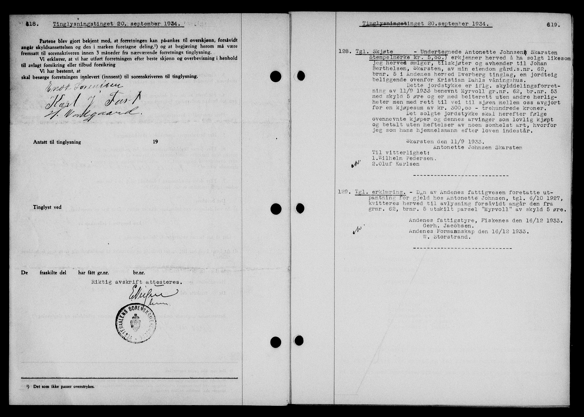 Vesterålen sorenskriveri, SAT/A-4180/1/2/2Ca/L0060: Mortgage book no. 53, 1934-1934, Deed date: 20.09.1934