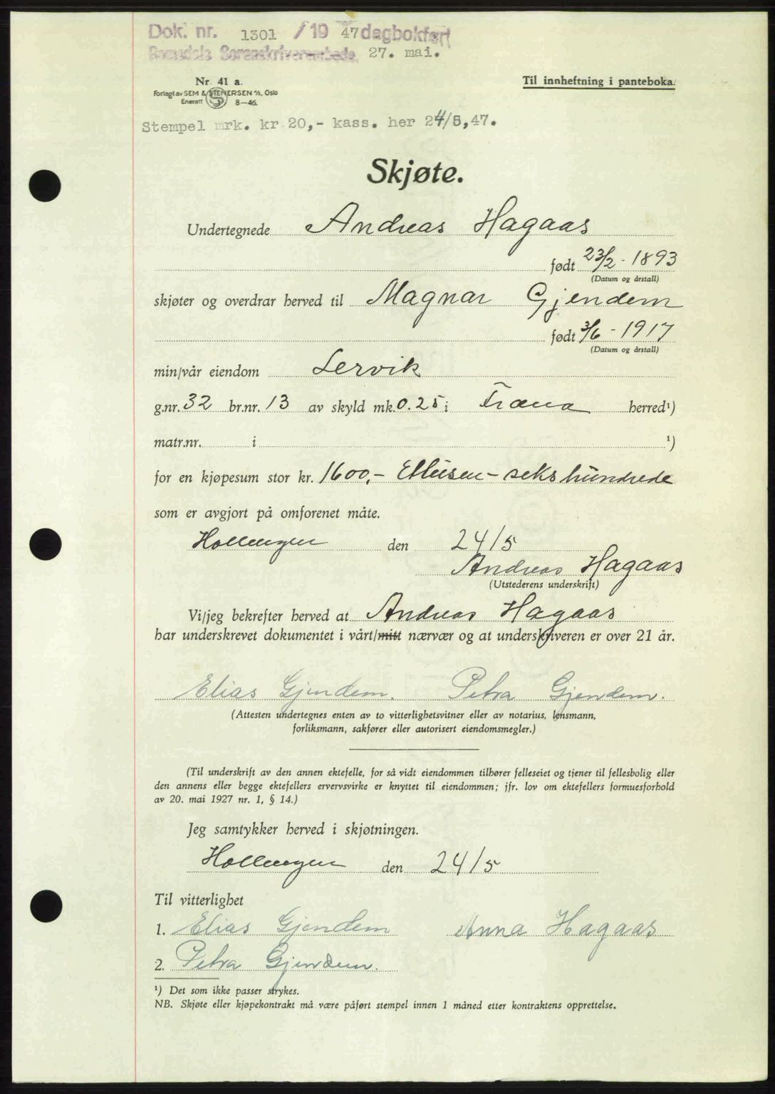 Romsdal sorenskriveri, AV/SAT-A-4149/1/2/2C: Mortgage book no. A23, 1947-1947, Diary no: : 1301/1947