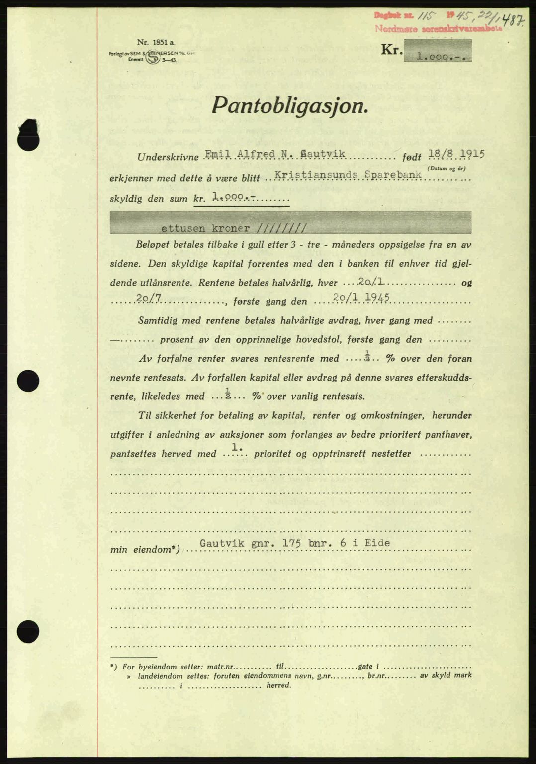 Nordmøre sorenskriveri, AV/SAT-A-4132/1/2/2Ca: Mortgage book no. B92, 1944-1945, Diary no: : 115/1945