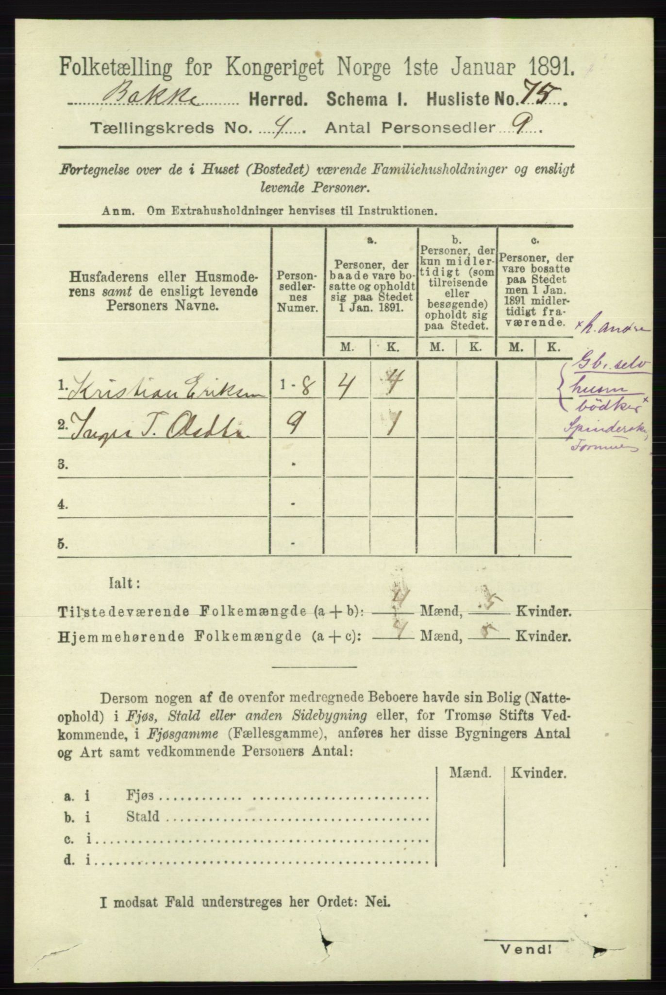 RA, 1891 census for 1045 Bakke, 1891, p. 618