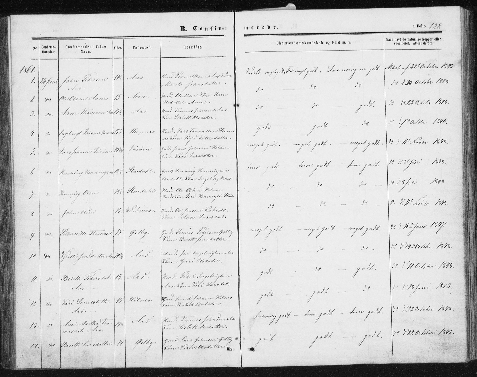 Ministerialprotokoller, klokkerbøker og fødselsregistre - Sør-Trøndelag, AV/SAT-A-1456/698/L1166: Parish register (copy) no. 698C03, 1861-1887, p. 128
