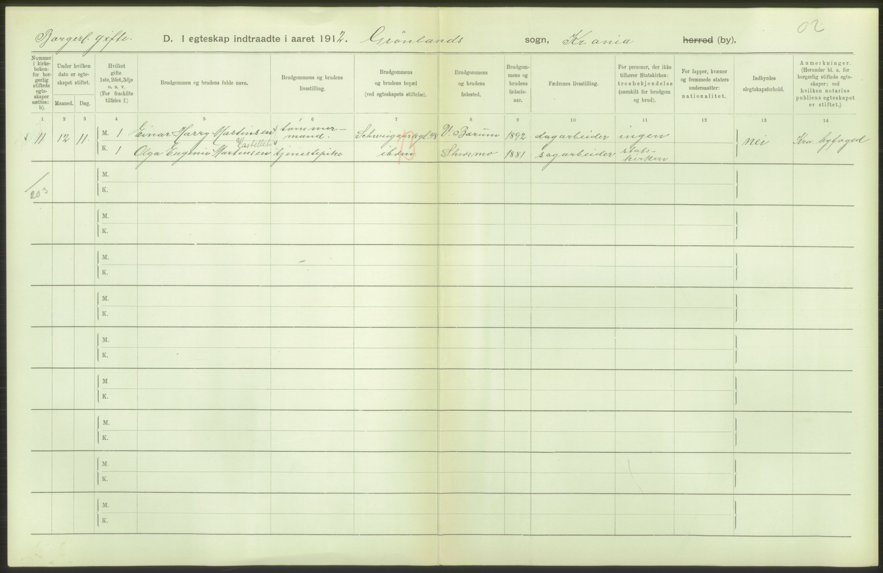 Statistisk sentralbyrå, Sosiodemografiske emner, Befolkning, RA/S-2228/D/Df/Dfb/Dfbb/L0008: Kristiania: Gifte, 1912, p. 188