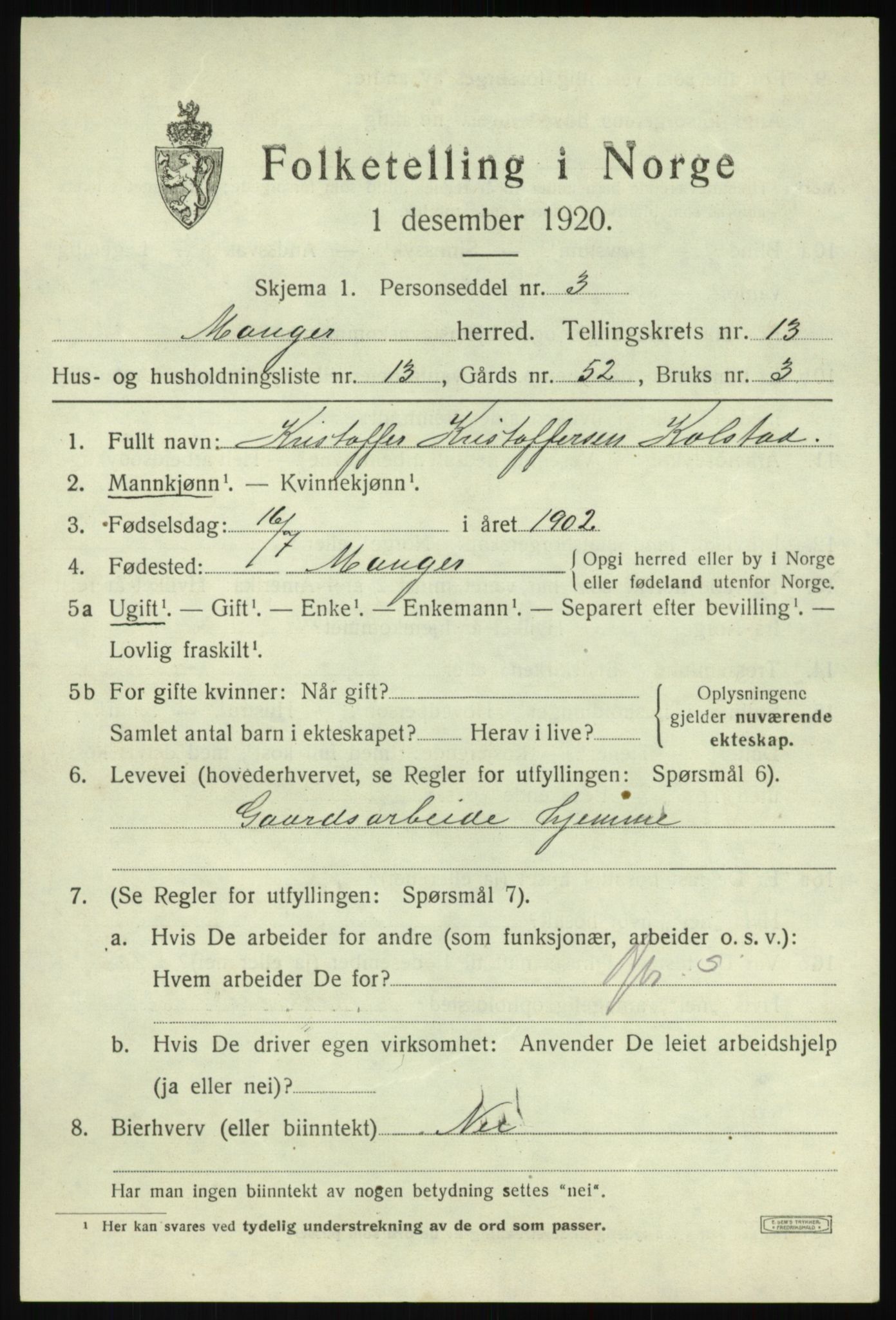 SAB, 1920 census for Manger, 1920, p. 7904