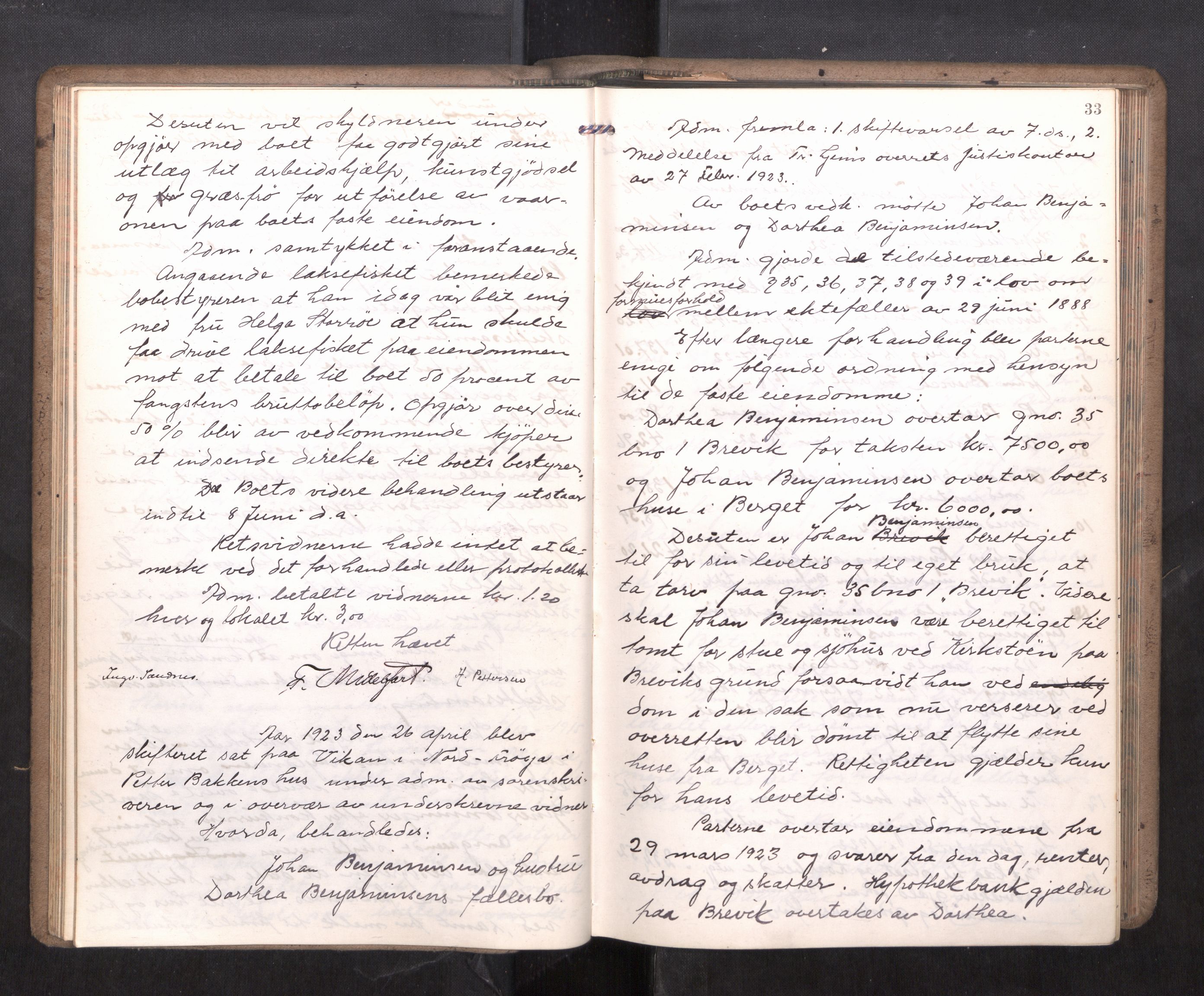 Hitra sorenskriveri, AV/SAT-A-0018/3/3B/L0002: Skifteforhandlingsprotokoll, 1922-1927, p. 32b-33a