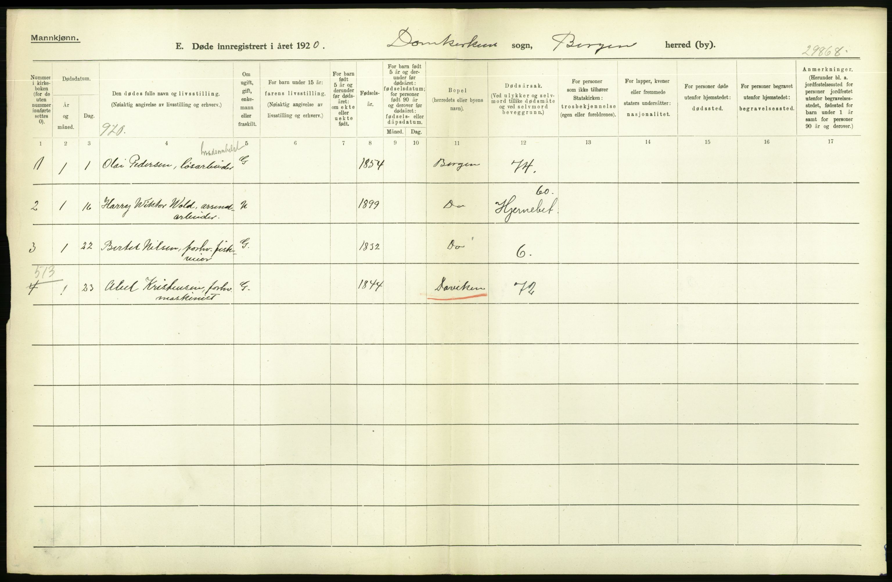 Statistisk sentralbyrå, Sosiodemografiske emner, Befolkning, AV/RA-S-2228/D/Df/Dfb/Dfbj/L0042: Bergen: Gifte, døde, dødfødte., 1920, p. 664