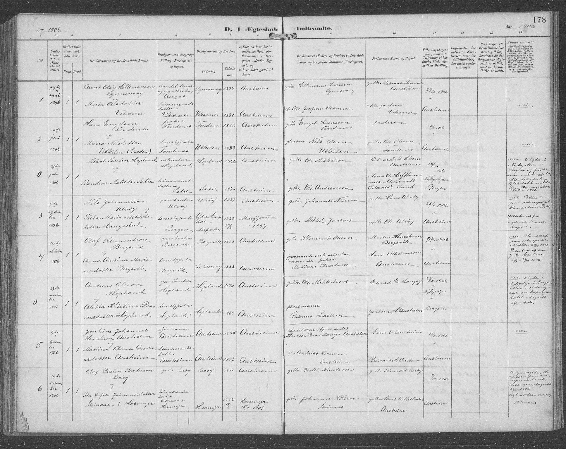 Lindås Sokneprestembete, SAB/A-76701/H/Hab: Parish register (copy) no. C 4, 1894-1910, p. 178