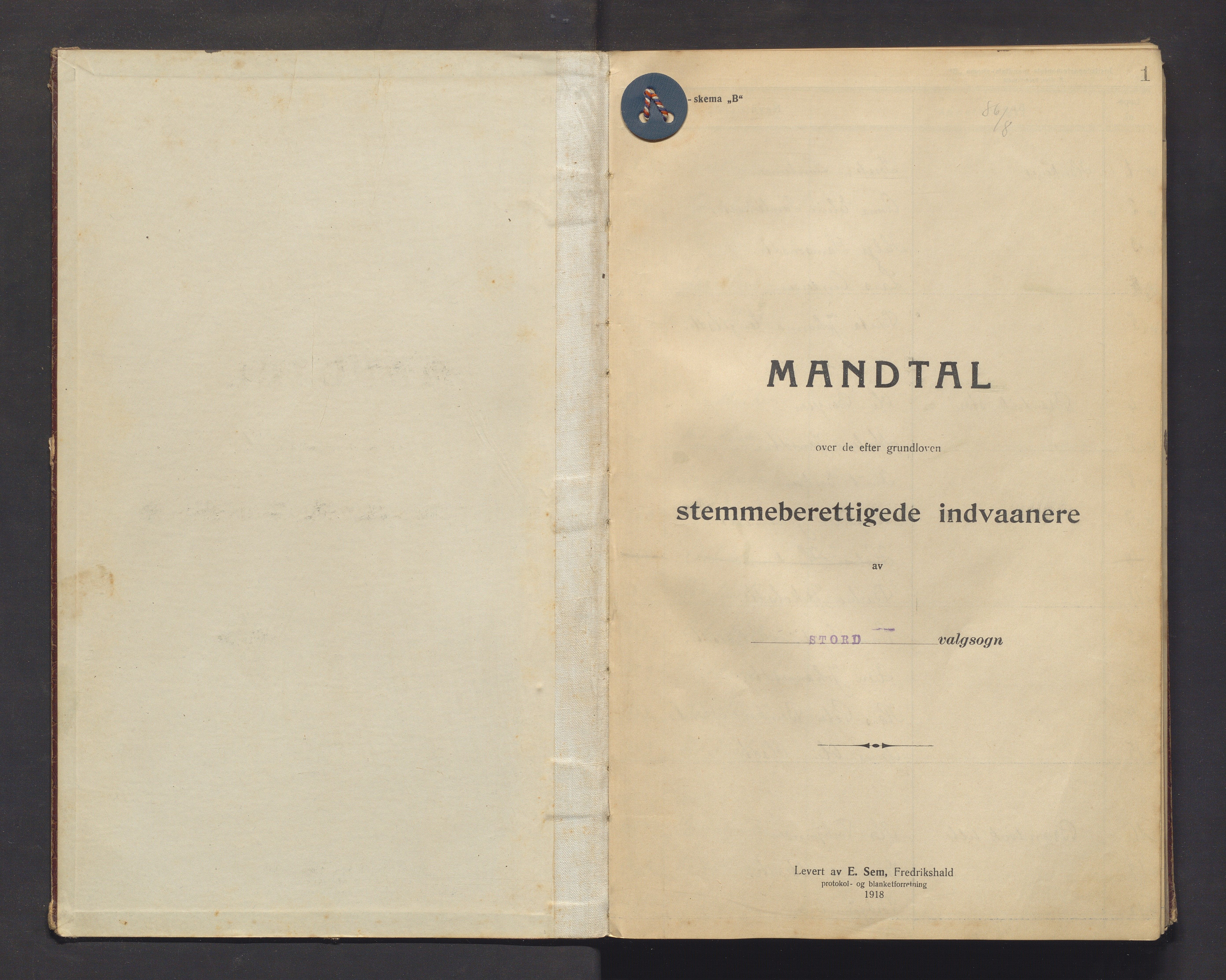 Stord kommune. Valstyret, IKAH/1221-011/F/Fa/L0010: Manntalsprotokoll over røysteføre i Stord valsokn, 1918