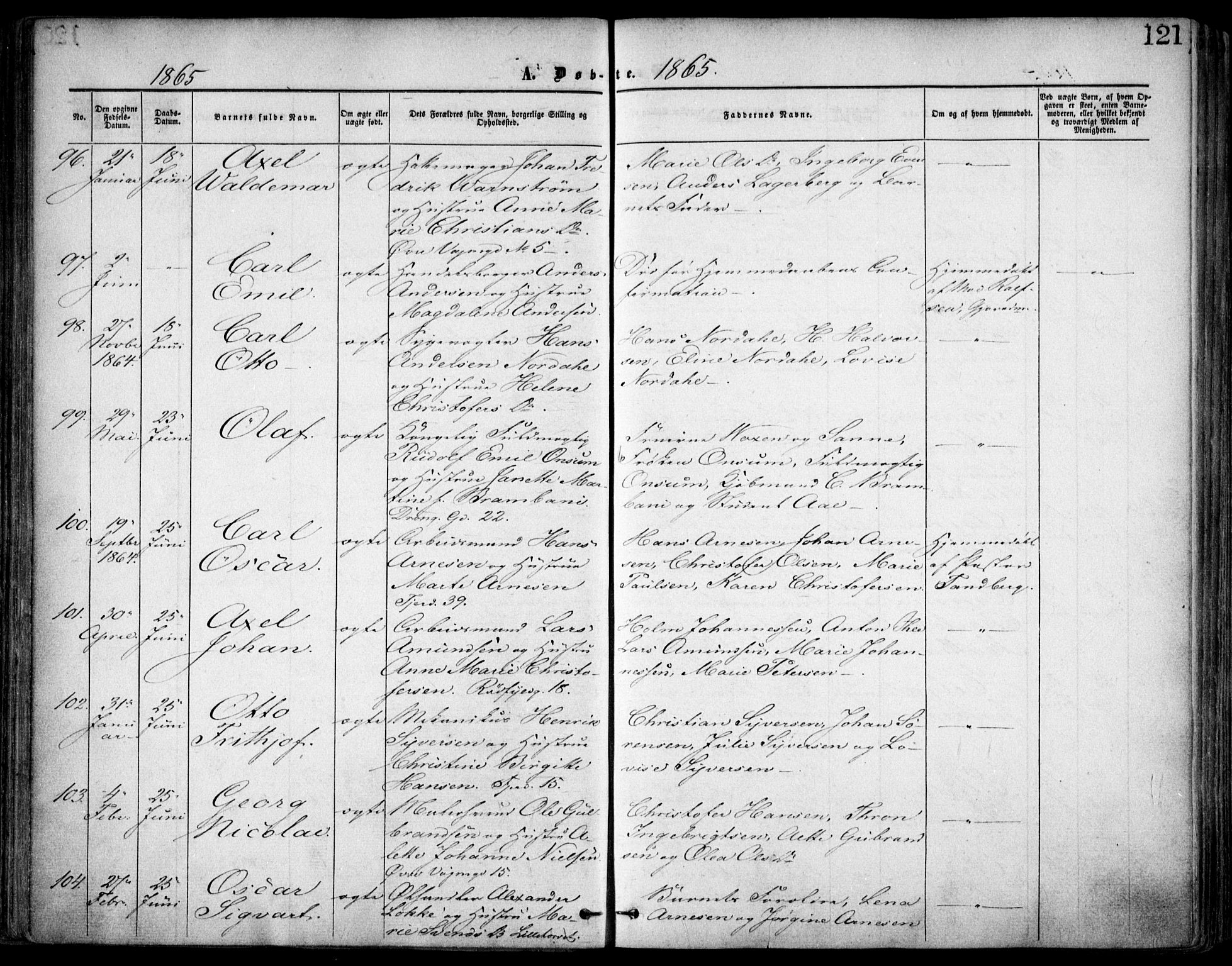 Oslo domkirke Kirkebøker, SAO/A-10752/F/Fa/L0016: Parish register (official) no. 16, 1863-1871, p. 121