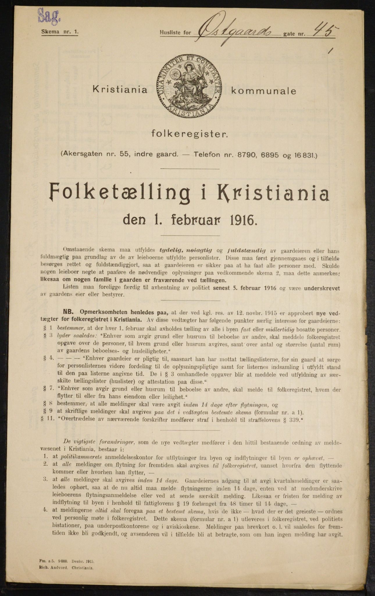 OBA, Municipal Census 1916 for Kristiania, 1916, p. 133086